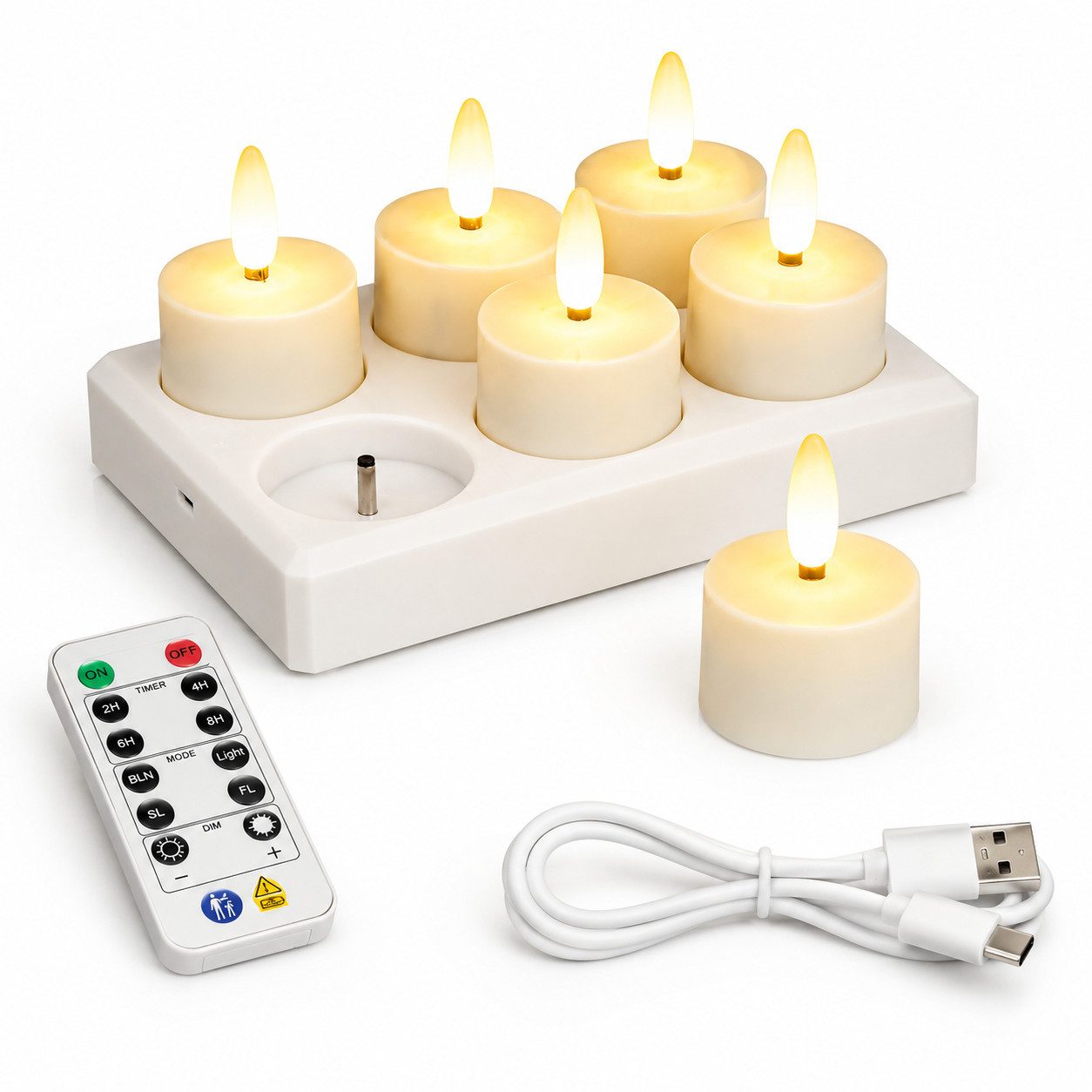 Tekoo LED-Kerze LED Teelichter mit Ladestation, 6er Set mit Fernbedienung & Timer (Set, 6-teiliges Set), USB-C Aufladung, Überladeschutz, 12-Tasten Fernbedienung