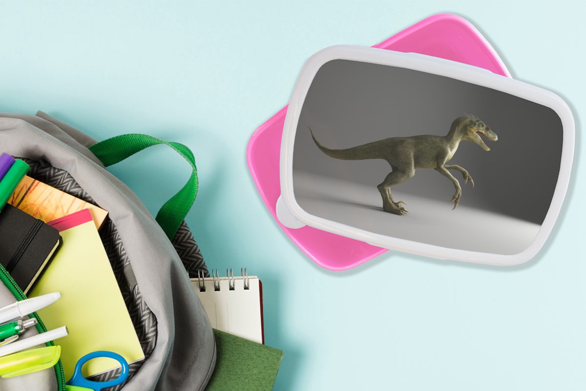- Mädchen, Lunchbox Kunststoff, für (2-tlg), Grau, Brotdose MuchoWow Dinosaurier Erwachsene, Kinder, Snackbox, Brotbox - Kunststoff Velociraptor rosa