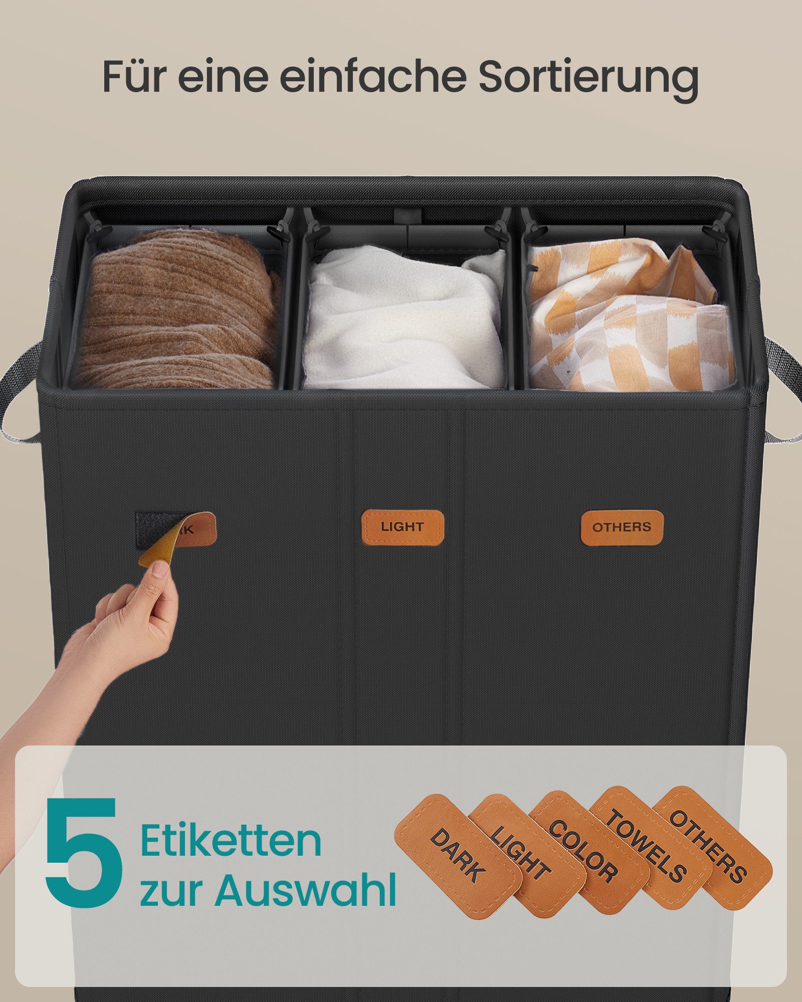 SONGMICS Wäschekorb herausnehmbarer und waschbarer Innensack, Waschküche Schlafzimmer, mit 3 Fächern, 160 L, mit Deckel, 5 Etiketten, 64 x 33 x 75 cm – Bild 4 von 5