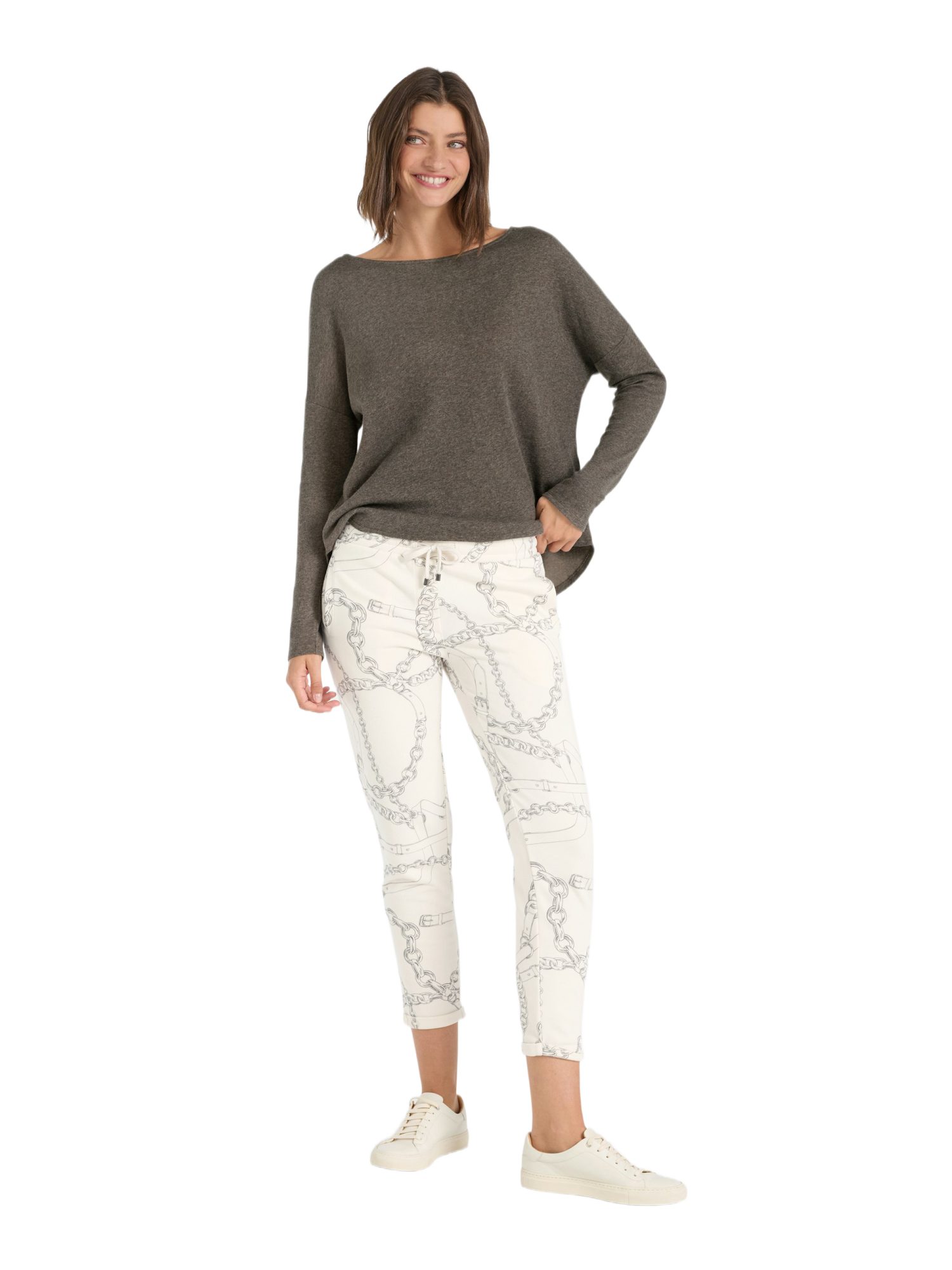 Juvia Stoffhose weiß, Casual, Baumwolle, Allover-Print, Casual Fit, Mittel