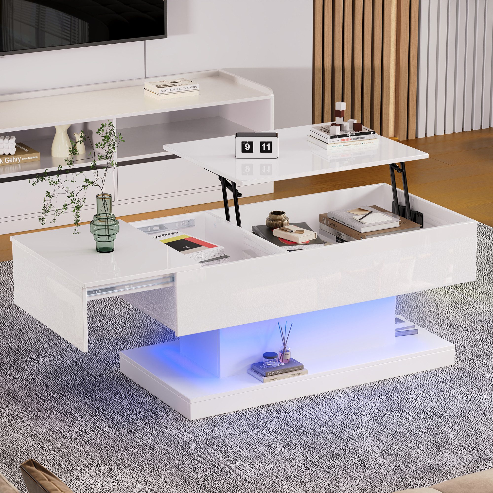Merax Couchtisch (100x50x45 cm), hochglanz mit hydraulischer Lift und Stauraum inkl. LED, Lift-Teetisch