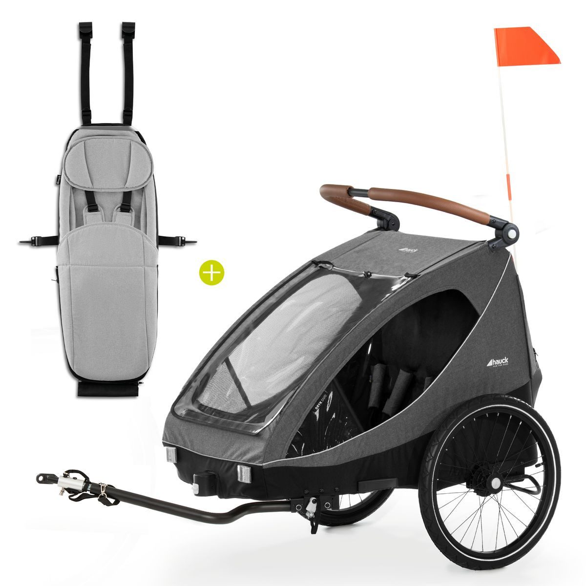 Hauck Fahrradkinderanhänger Dryk Duo Set - Melange Grey, 2in1 Fahrradanhänger Buggy für 2 Kinder bis 44 kg mit Babysitz Lounger