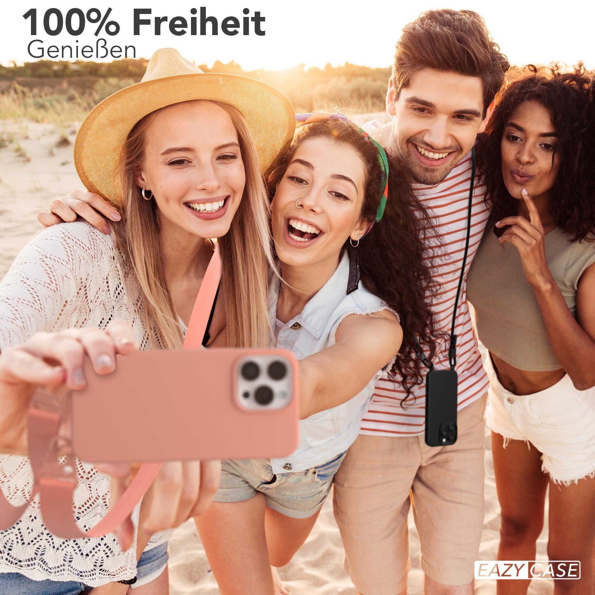 EAZY CASE Handykette Karabiner Breitband für Apple iPhone 14 Pro Max 6,7 Zoll, Silicon Handyhülle mit breiter Kette Carabiner Necklace Altrosa Coral