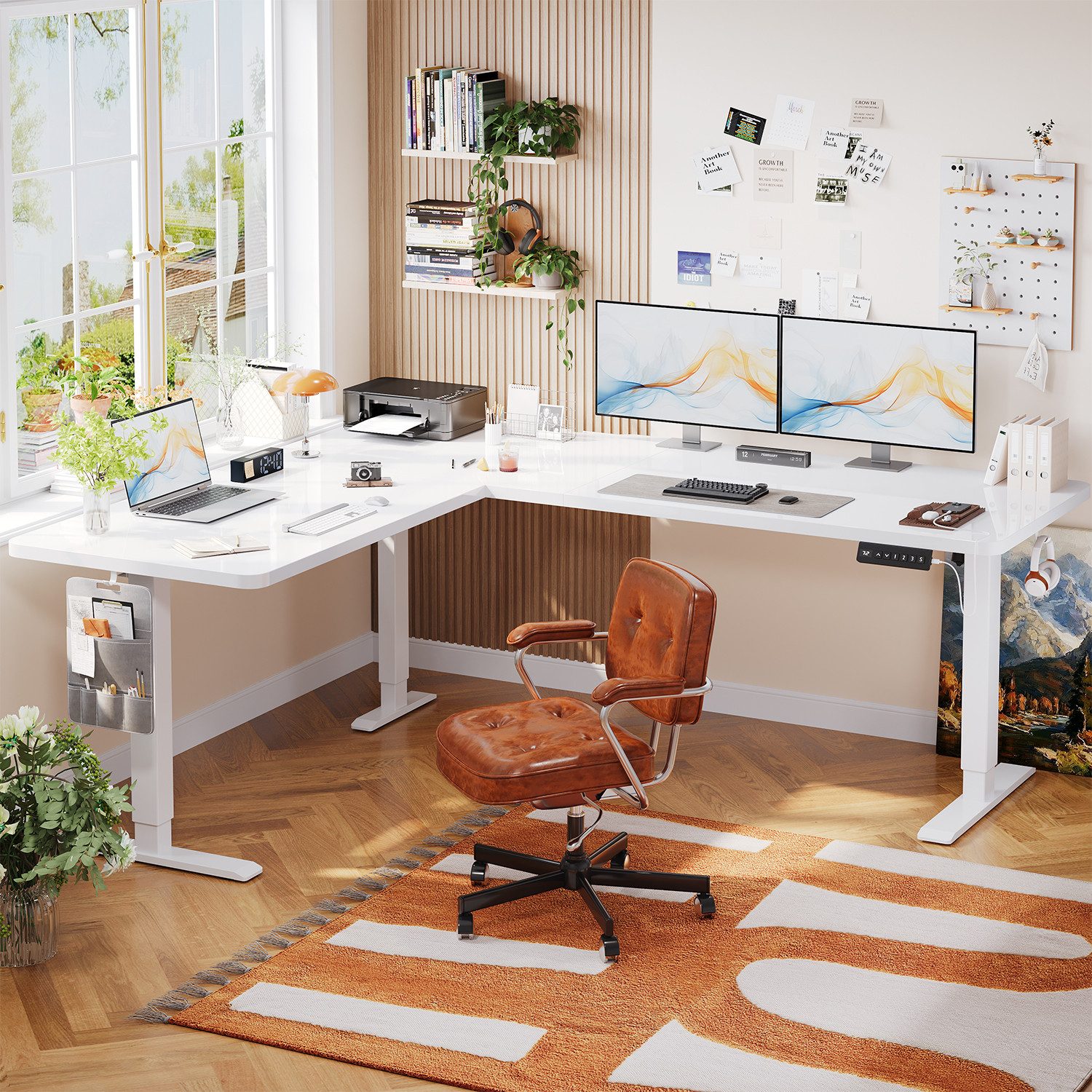 HOMALL Schreibtisch 160 x 140cm Eckschreibtisch Höhenverstellbarer Schreibtisch L Form (Maße: 160 × 140 / 190 × 155, 20 mm dicke Tischplatte, Tragkraft bis zu 100 kg, mit beweglicher Steckdose, in 3 Stufen höhenverstellbar)