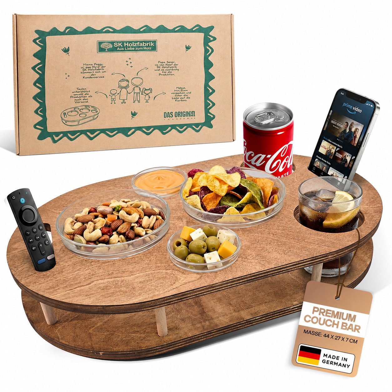 PEGSEN Servierplatte Couchbar Snackbox mit 4 Snackschalen Couch Tablett, Birkenholz, (Set, 5-tlg., 4x Glasschalen), Getränke & Snacks stehen stabil