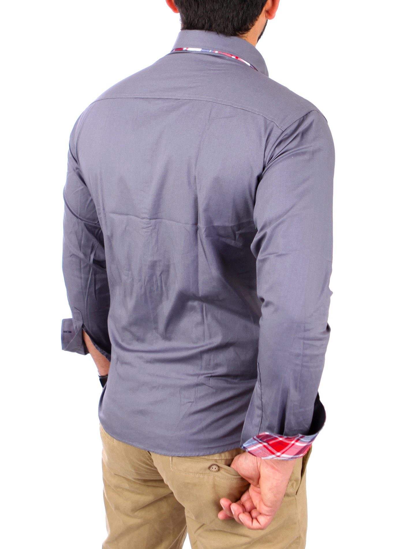 Reslad Langarmhemd Reslad Herren Hemd Button-Down Slim Fit Kontrast Langarmhemd RS-7015 (3-tlg., Hemd) Doppelkragen Kontrast Karo Muster Hemden