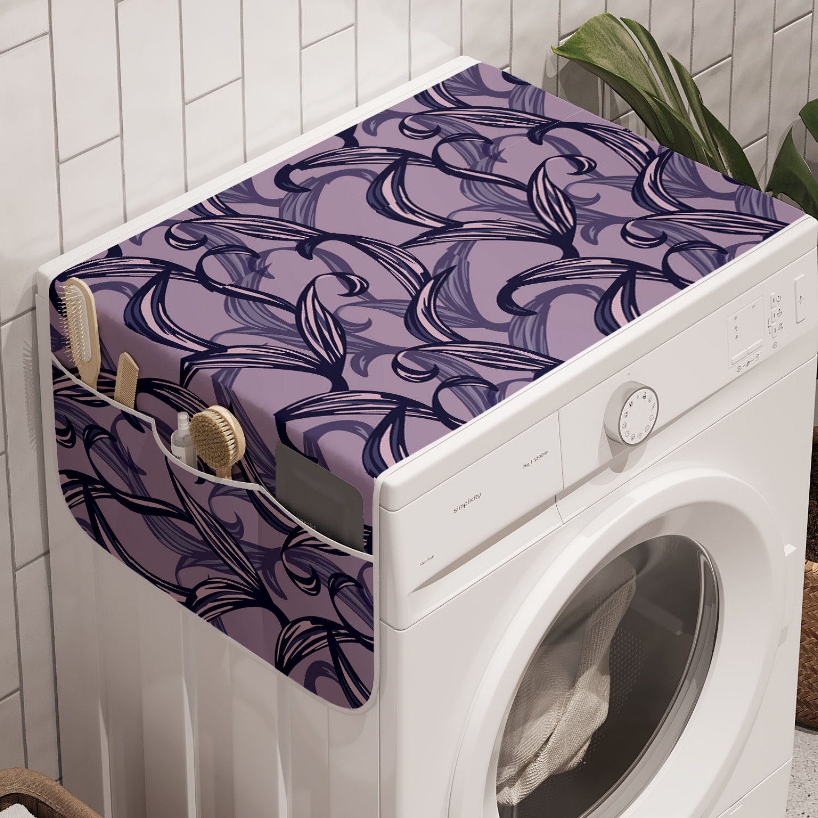 Waschmaschine Abakuhaus Lange und Blätter Anti-Rutsch-Stoffabdeckung Badorganizer Trockner, für Floral Monochrome