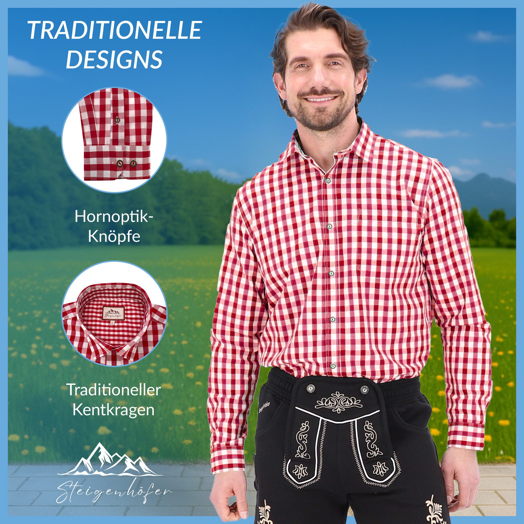 Steigenhöfer Manufaktur Trachtenhemd Herren Langarm - Basti - Traditionelles Herren Hemd - Hornoptik-Knöpfe Traditioneller Kentkragen und angenehmer Tragekomfor – Bild 4 von 5