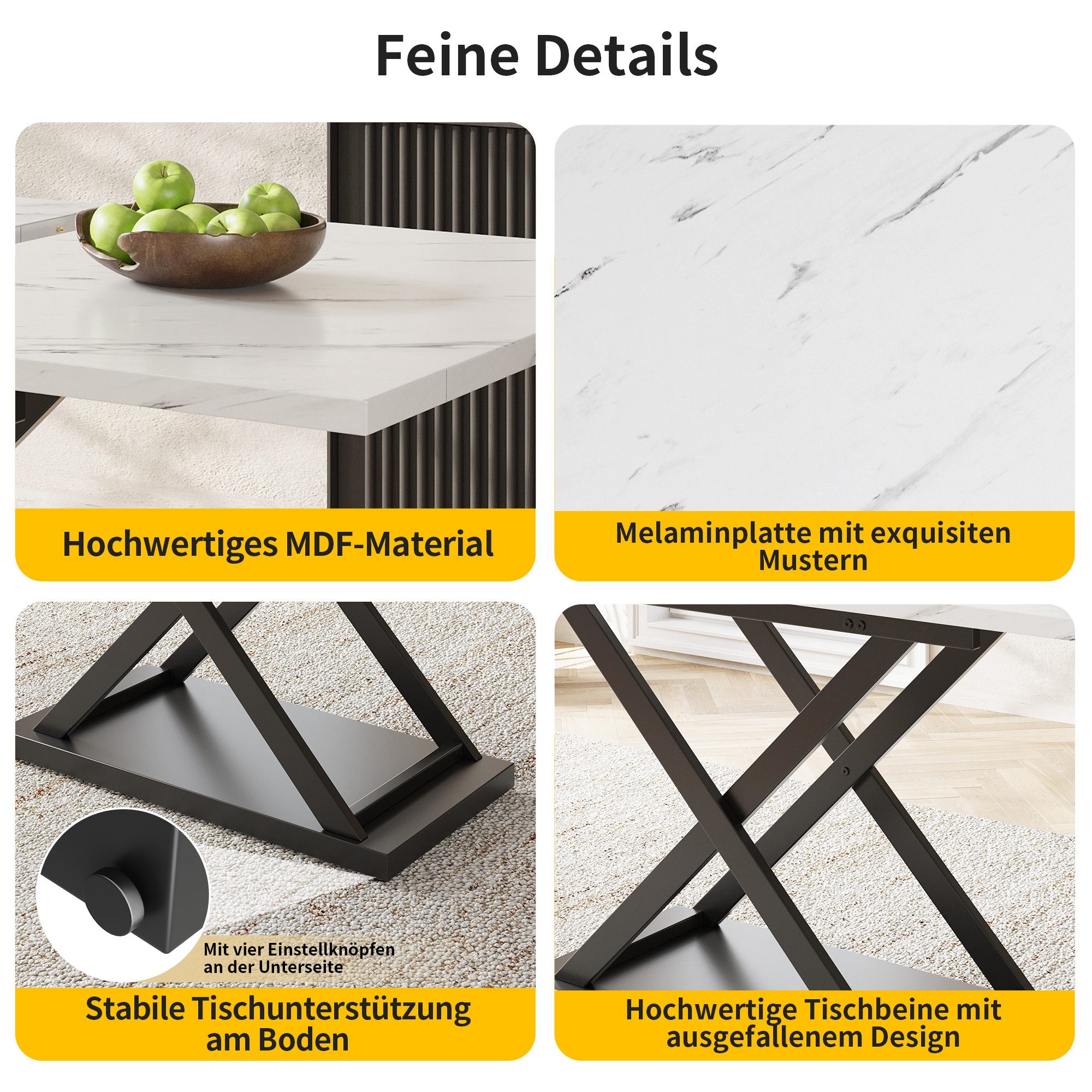 HAUSS SPOLE Essgruppe 5-teilig, Ausziehbares Esstisch mit 4 Stühlen aus Samt, Weiß, (1 Tisch mit 4 Stühlen, 5-tlg., Esstischstühle aus schwarzem Samt), Tischbeine in Kreuzform