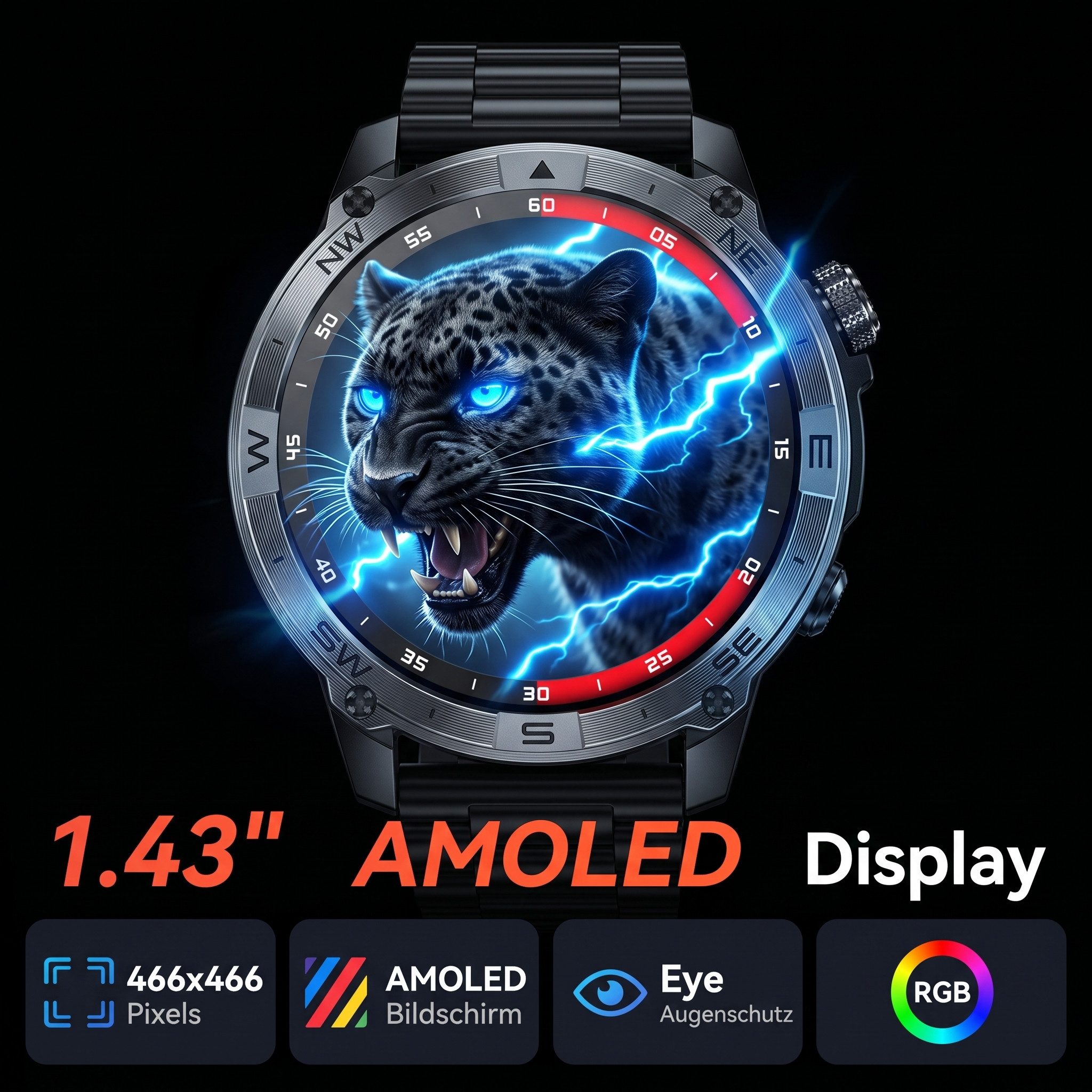 Vashoy Smartwatch Herren Damen mit GPS, 1,43" AMOLED für den Outdoor-Einsatz Smartwatch (390mm cm/1.43 Zoll, Android4.4/ISO1.0) Spar-Set, 3-tlg., IP68 wasserdicht, 160+ Sportmodi, Herzfrequenz, Schlaf&Schrittzähler,Outdoor Sportuhr für Android/iOS