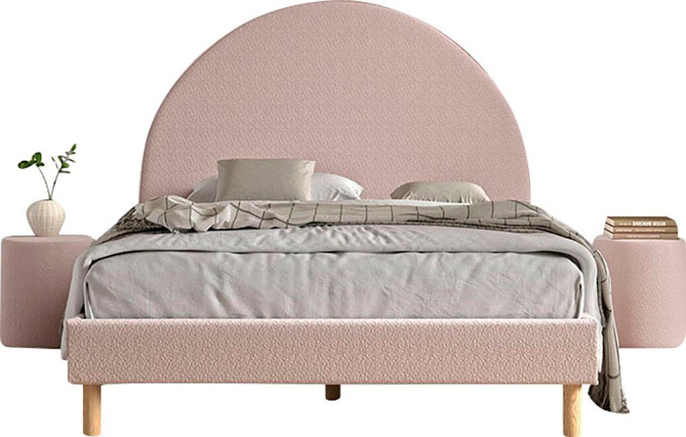 Vipack Schlafzimmer-Set Moon, best. aus Polsterbett 140/200 und 2 Hocker/Nachttische, (B/H/T ca. 147x132x212cm, bogenförmiges Kopfteil, Füße Massivholz), inkl. Lattenrost, Bezug flauschiger Bouclé Stoff, wahlweise 4 Farben