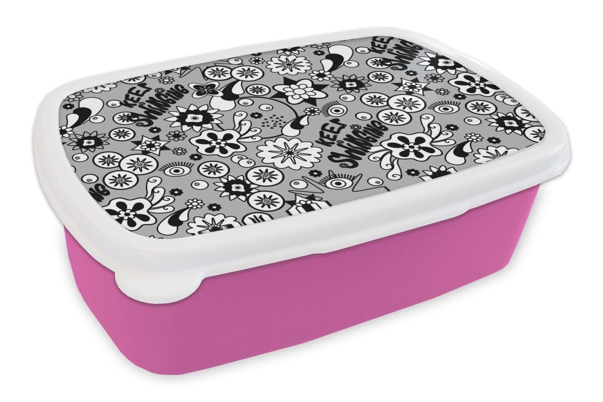 MuchoWow Lunchbox Blumen - Muster - Zitate, Kunststoff, (2-tlg), Brotbox für Erwachsene, Brotdose Kinder, Snackbox, Mädchen, Kunststoff rosa