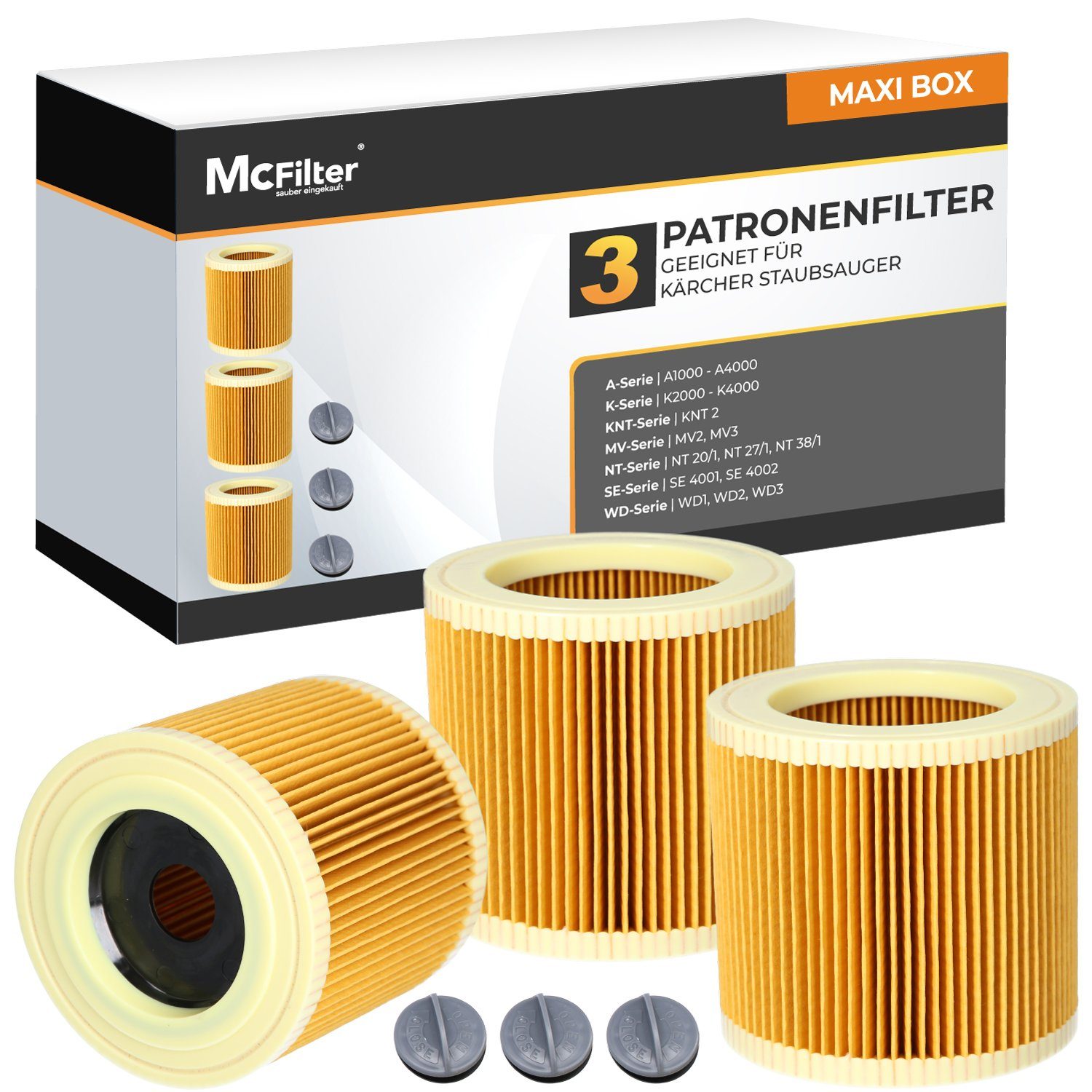 McFilter Patronenfilter (3 Filter) Lamellenfilter passend, für Kärcher Nass-Trockensauger Staubsauger WD 3.300 3.320 3.370 M, wie Kärcher 6.414-552.0, 6.414-772.0, 6.414-547.0, (3-St., Filter + Verschlussschraube), gegen Feinstaub & Gerüche