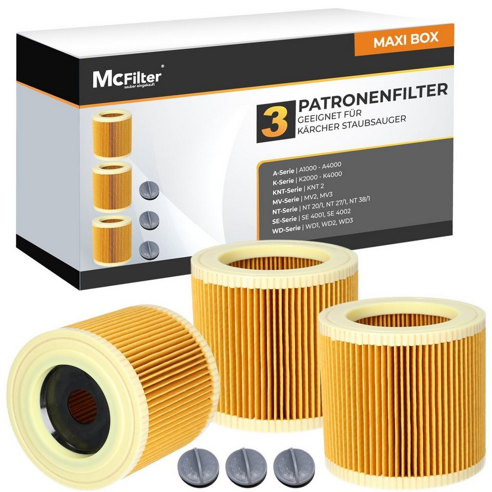 McFilter Patronenfilter (3 Filter) Lamellenfilter geeignet, für Kärcher Nass -Trockensauger MV 2 WD 2 A 2003 A 2004 WD 2.200 WD 2.210 WD 2.240 WD 2.250  und weitere Modelle, wie Kärcher Filter 6.414-552.0, 6.414-772.0,  6.414-547.0, (3-St., Filter +