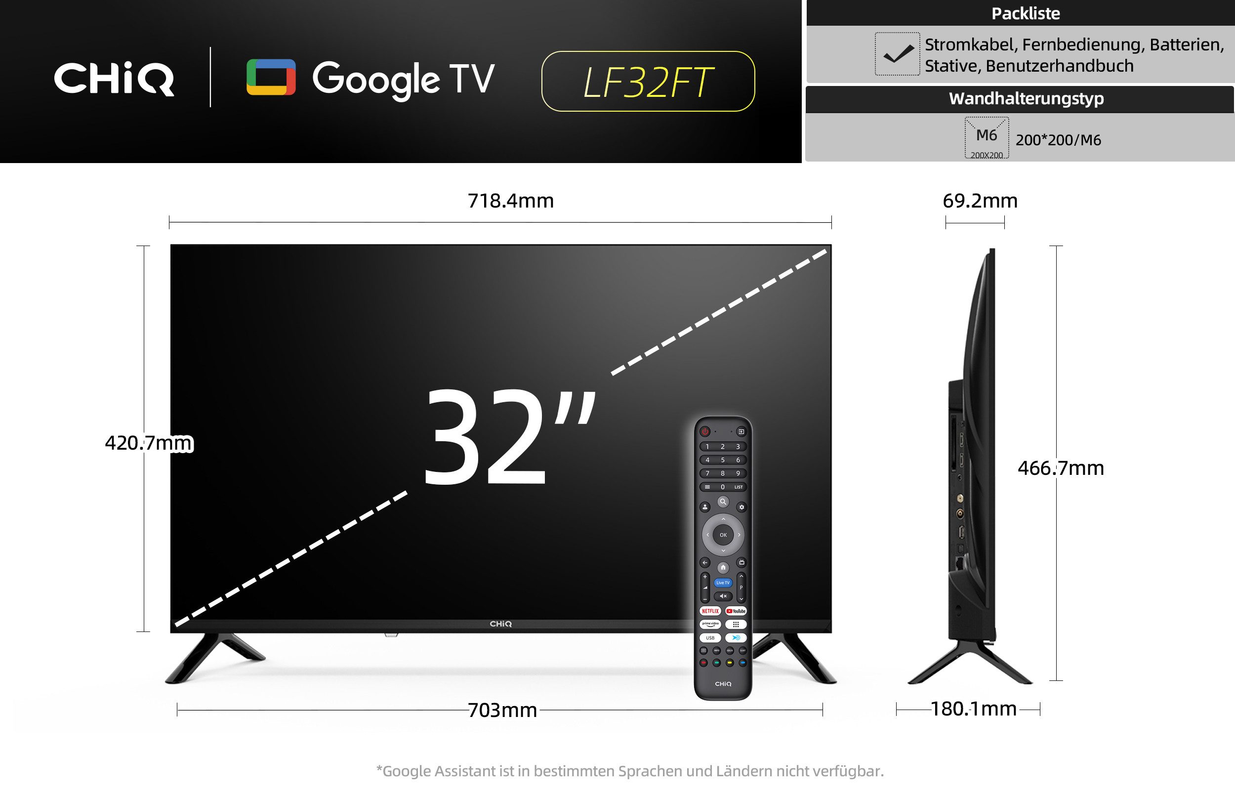 CHiQ LF32FT LED-Fernseher (80 cm/32 Zoll, Full HD(1920*1080), Android TV, Smart-TV, Google TV, HDR 10, Dolby Audio & dbx-tv, Google TV OS mit 10.000+ Apps)