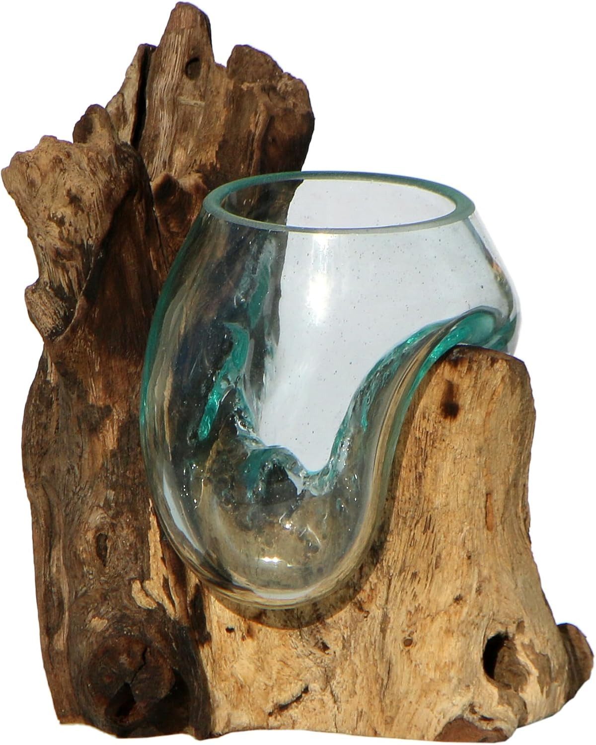 Wogeka Dekovase Glas-Vase auf Wurzelholz Teakholz günstig online kaufen