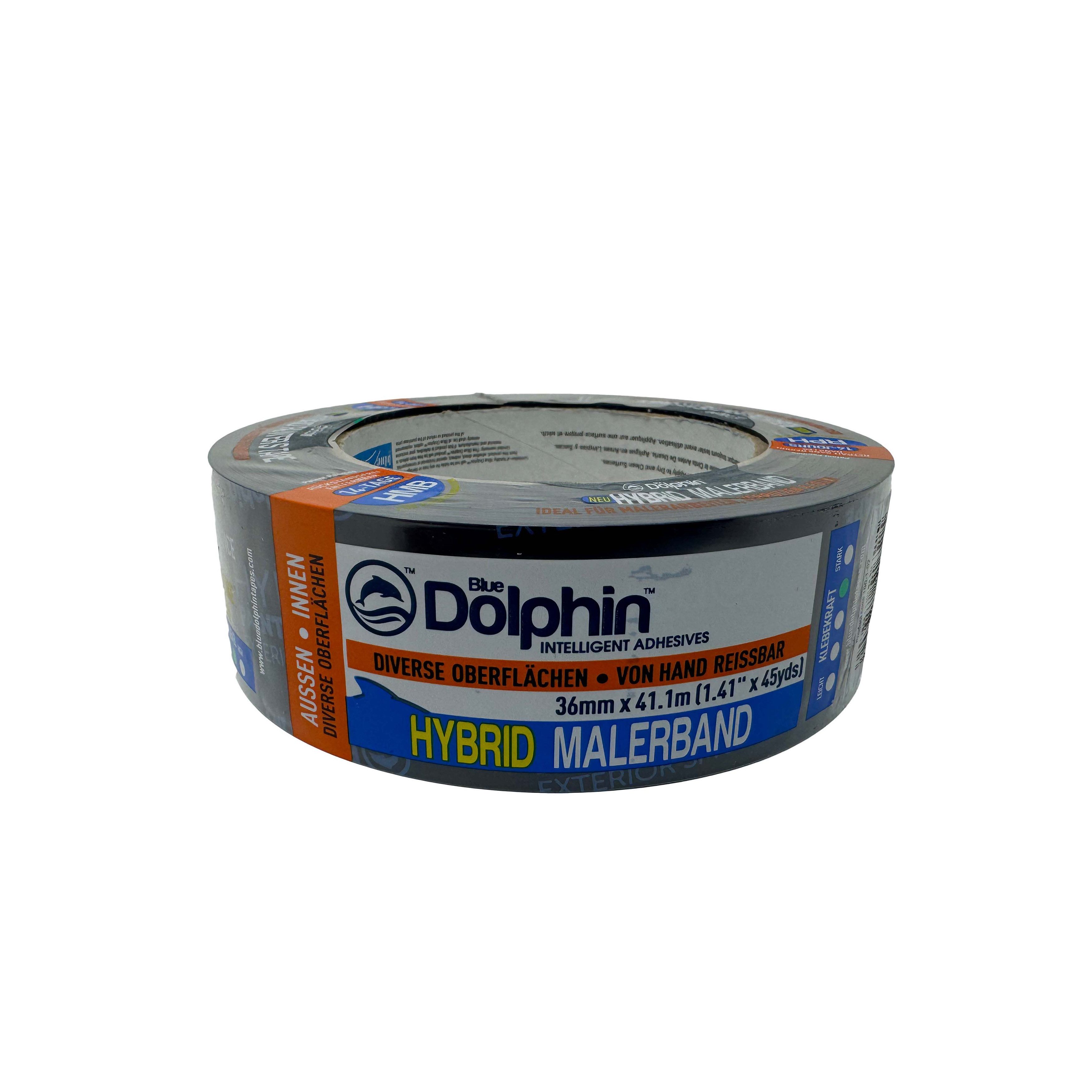 BlueDolphin Kreppband Hybrid Malerband Abklebeband Klebeband 36mm x 41m (Single-pack, 1-St., 1 Putzband) UV-beständig, Rückstandsfrei entfernbar