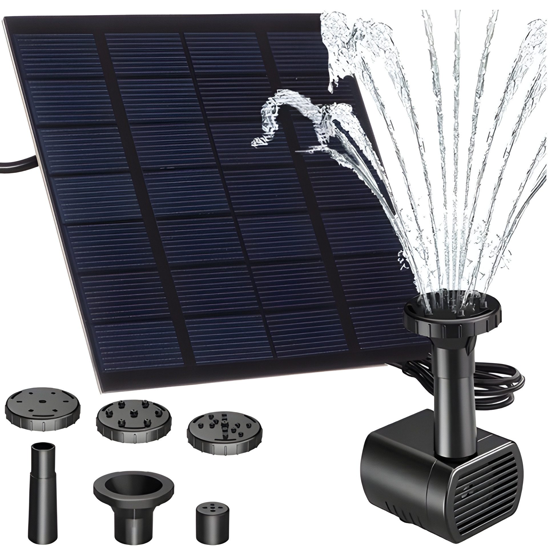Gardlov Gartenbrunnen Solarbrunnen Teichbrunnen, 11 cm Breite, (Komplettset, 8 tlg., 8-teiliges Set (Solarpanel, Pumpe, 4 Düsen und 2 Montagerohre), 4 austauschbare Düsen, integrierter Filter, 3 m Anschlusskabel