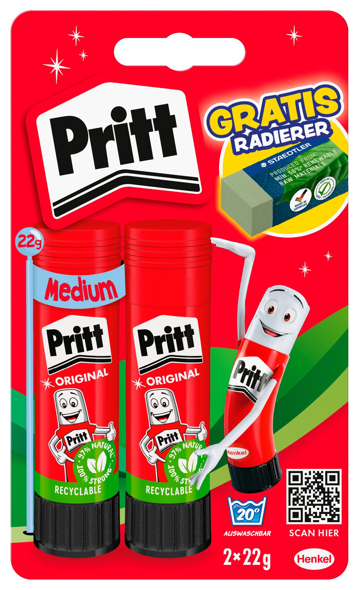 PRITT Bastelkleber Klebestift, 2x 22g, Plus Radierer
