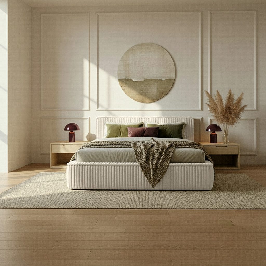 thematys Polsterbett mit Bettkasten, CLOUD 140x200 160x200 180x200 200x200cm (Kopfteil im Modernen-Look – weich, modern und pflegeleicht), hochwertiger Bouclé-Stoff in Ash, Weiß, Beige und Kreme, Inklusive Lattenrost: Holzrahmen,hochwertiger Stoff), hydraulische Klappfunktion für Stauraum