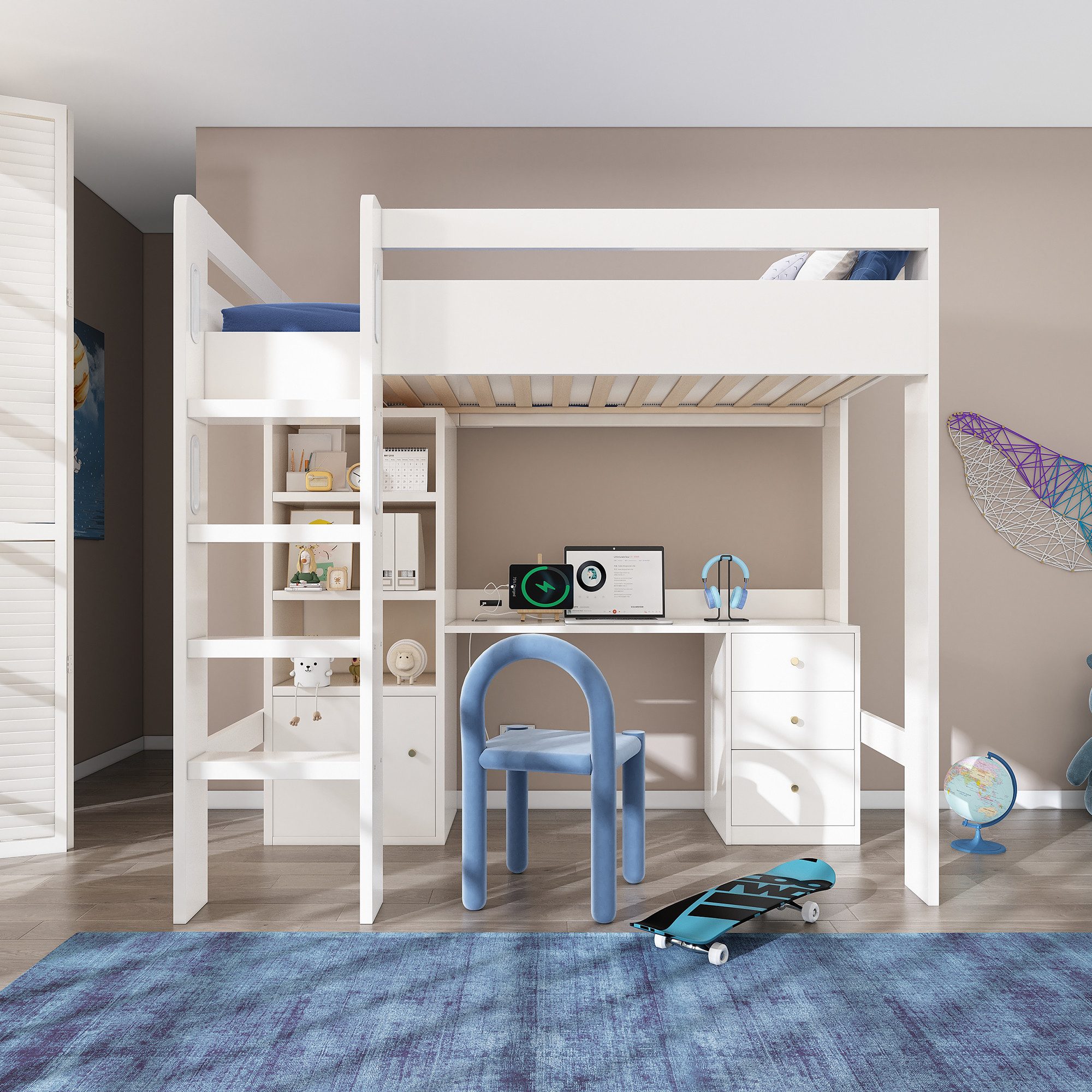OKWISH Hochbett mit Treppe und Lattenrost (Kinderbtt, Etagenbett, Einzelbett, 1-St., 90×200cm, Ohne Matratze) mit USB-C, Schreibtisch, Aktenschrank, Schubladen