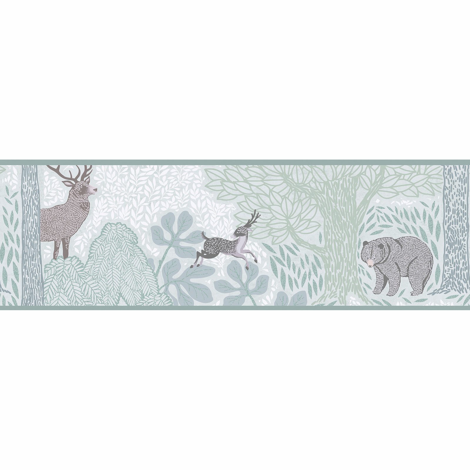 A.S. Création Bordüre Bär Hirsch Blätter Wald Natur Grün Braun 77175-1