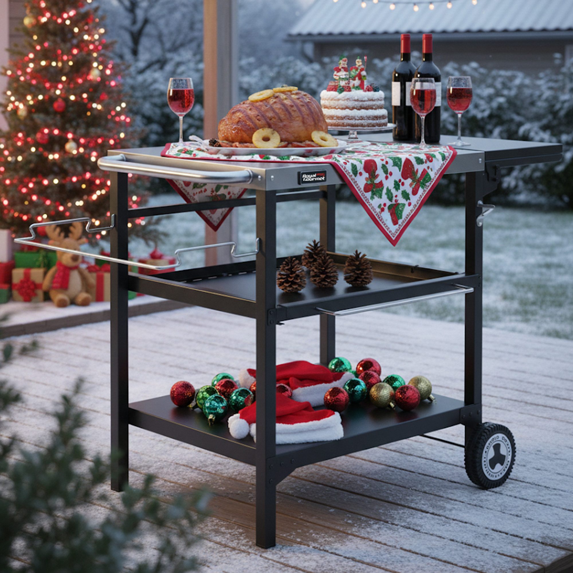 Royal Gourmet Grillablagetisch Outdoor Grilltisch mit 3 Etagen, Edelstahl-Tischplatte 70 x 50 cm, Servierwagen mit Push-Pull Regal, klappbarer Seitenablage 30 x 50 cm
