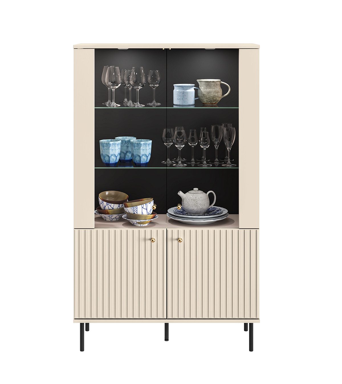 Feldmann-Wohnen Vitrine Sophie (4 Drehtüren, 2 Glaseinlegeböden, 1 Holzboden, mit Beleuchtung, 1-St., goldene Metallknopfgriffe und schwarze Metallfüße) 92x40x151cm kaschmir matt