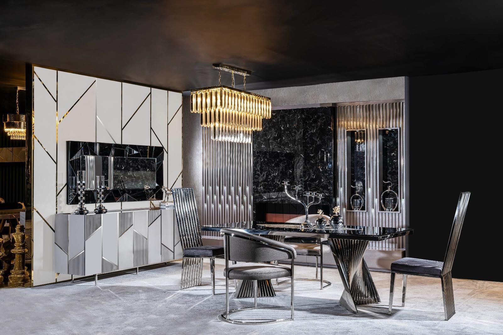 Xlmoebel Esszimmer-Set Elegantes Möbelset mit Tisch, Stühlen, Anrichte und Spiegel, (7tlg(Tisch + 4X Stühle + Anrichte + Spiegel), Hergestellt in Europa