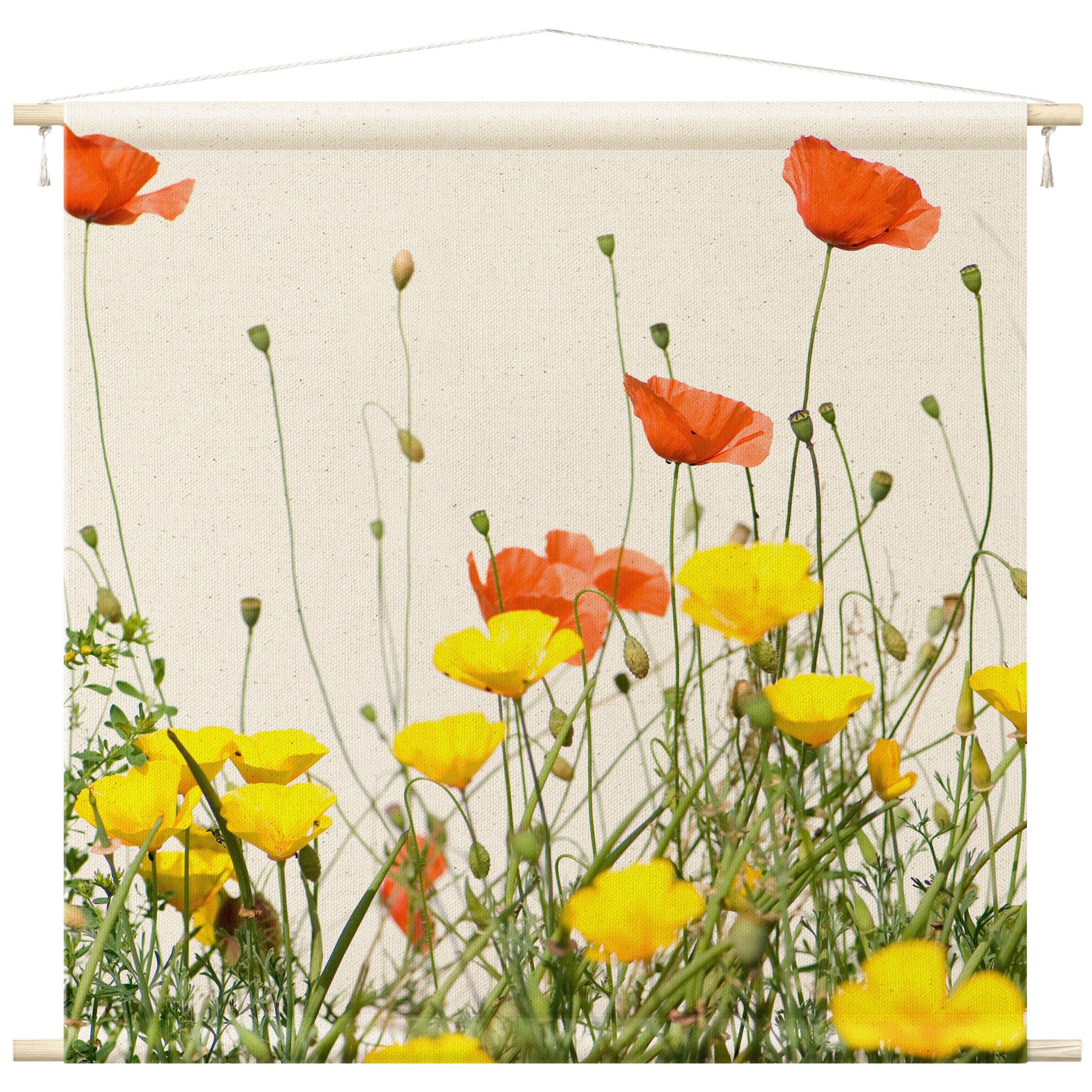 Bilderdepot24 Wandteppich modern Blumen Wild Flowers weiss, quadratisch, Höhe: 2.6 mm, großes Wandbild aus Natur-Baumwolle Wandbehang Stoffbild Tuch Wollseil