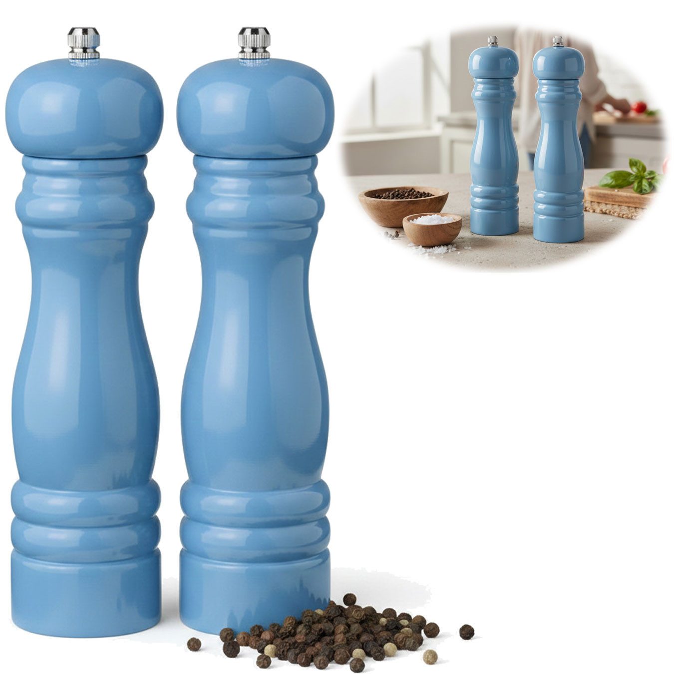 LS-LebenStil Salz-/Pfeffermühle iB Laursen Design Holz Mühlen Set Pazifik Blau 21cm Keramikmahlwerk, (2 Stück), Gewürzmühle grobes Salz schwarze Pfefferkörner Chili Muskatnuss