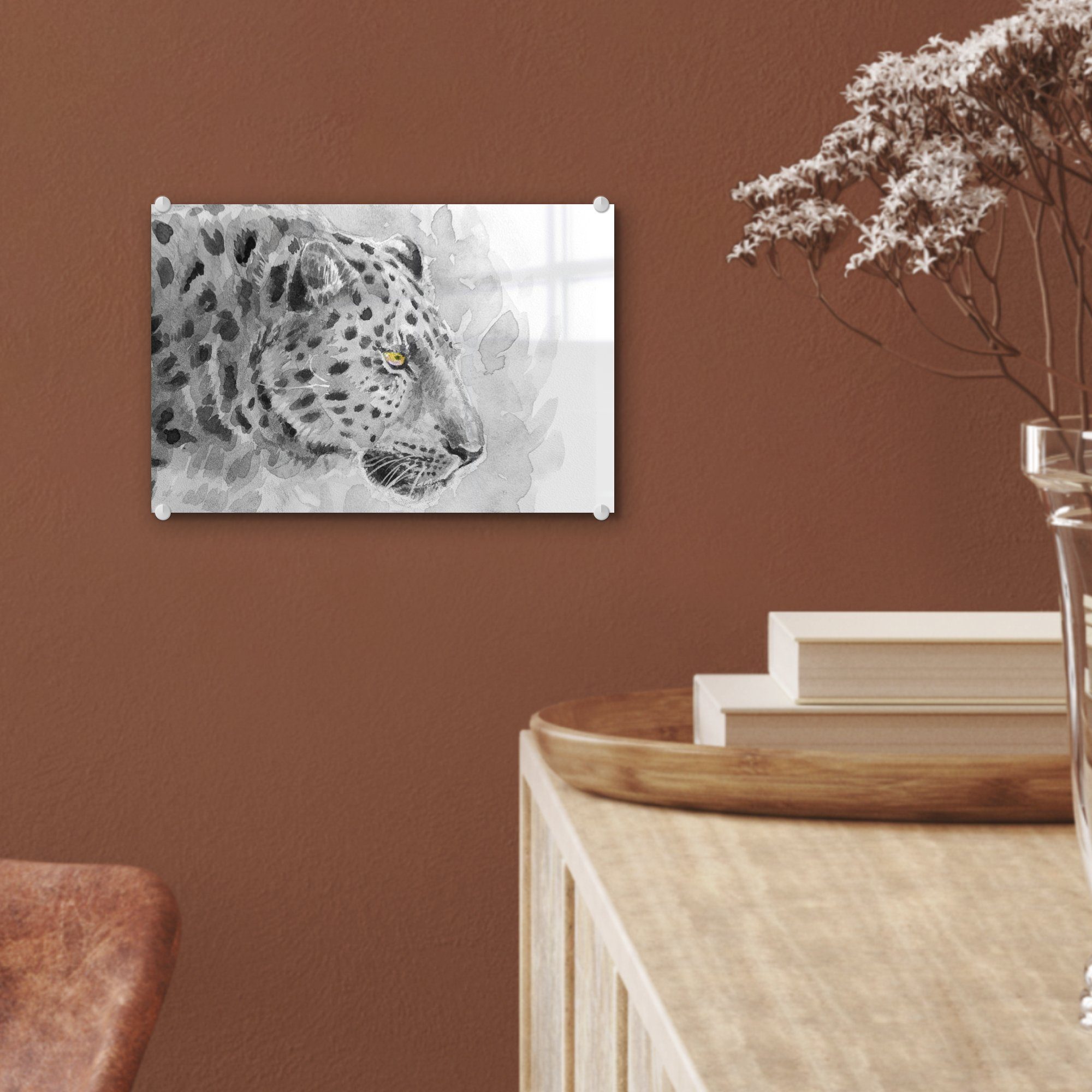 - - Glas Profil, St), Weiß Glas Acrylglasbild auf auf Wanddekoration MuchoWow - Schwarz (1 Glasbilder - - Wandbild Foto Leopard Bilder -