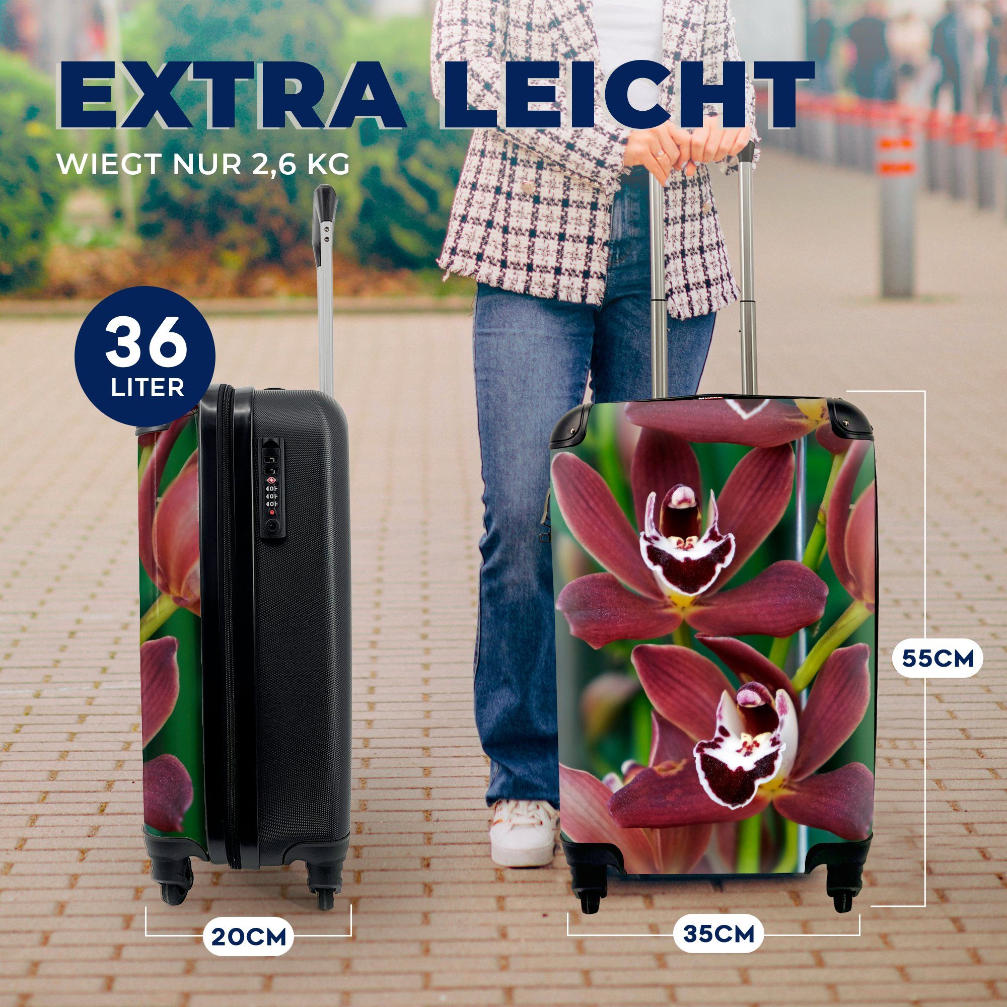 MuchoWow Handgepäckkoffer Rote für mit Ferien, 4 rollen, Trolley, Reisekoffer Reisetasche Rollen, Handgepäck grünen für Orchideen Hintergrund, einen