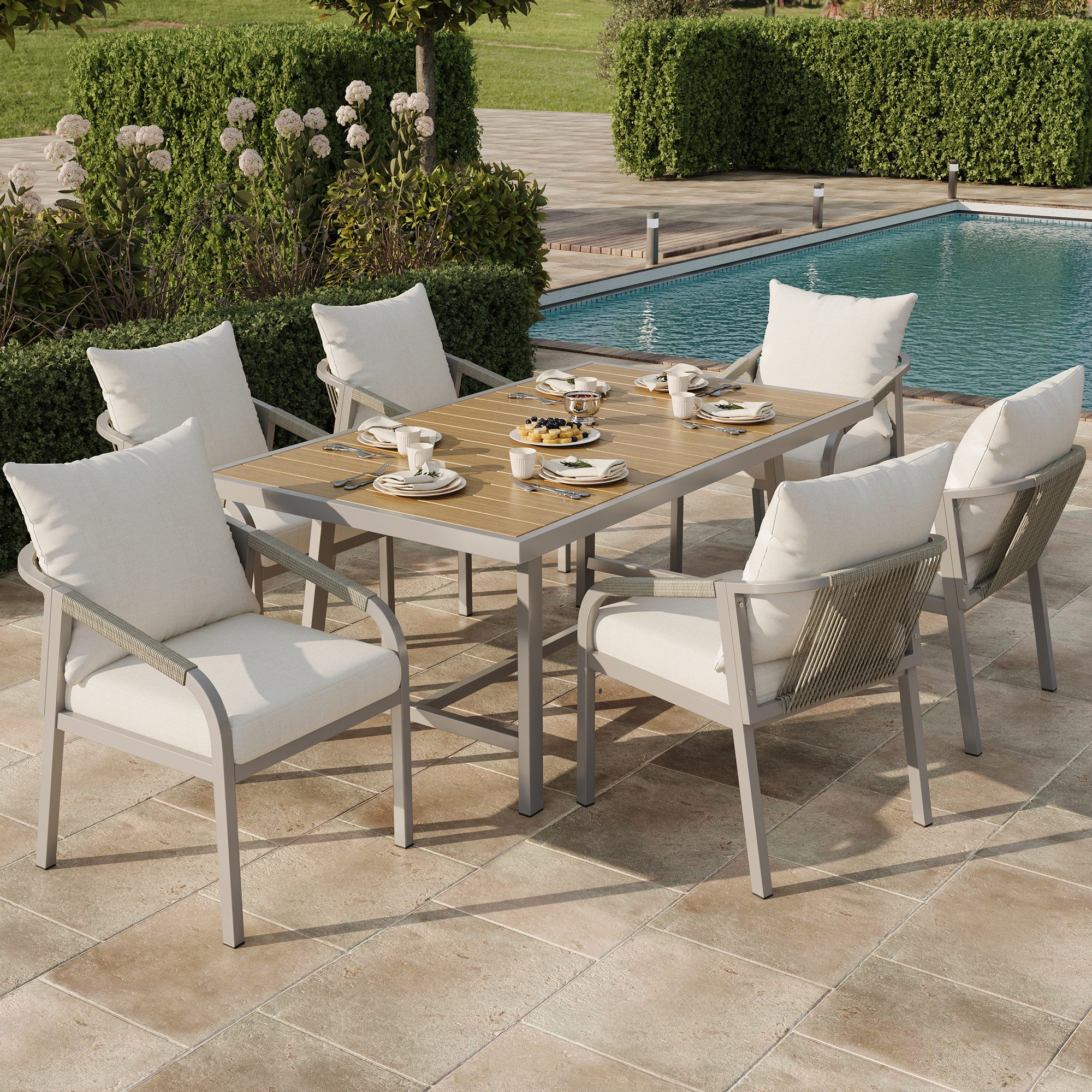 Celya Gartenlounge-Set Garten-Essgruppe, Gartenmöbel-Set, Geeignet für 4 Personen, (Khaki + Beige, Tischplatte aus Kunststoffholz, geflochtenem Seildesign), bestehend aus 1 Tisch und 6 Stühlen, verzinktem Stahlrohr