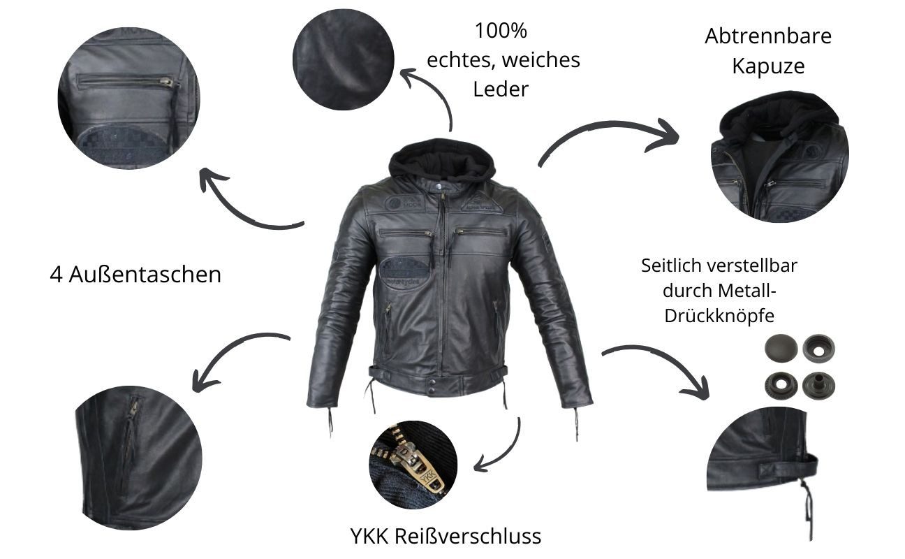 Alpha Speeds Motorradjacke - /Freizeit Herren Lammlederjacke Bikerjacke Highway 11 (Abnehmbares Innenfutter und Kapuze, (NEUE VERSION 2025) Aus weichem Lammleder, inkl. einsetzbarer Protektoren