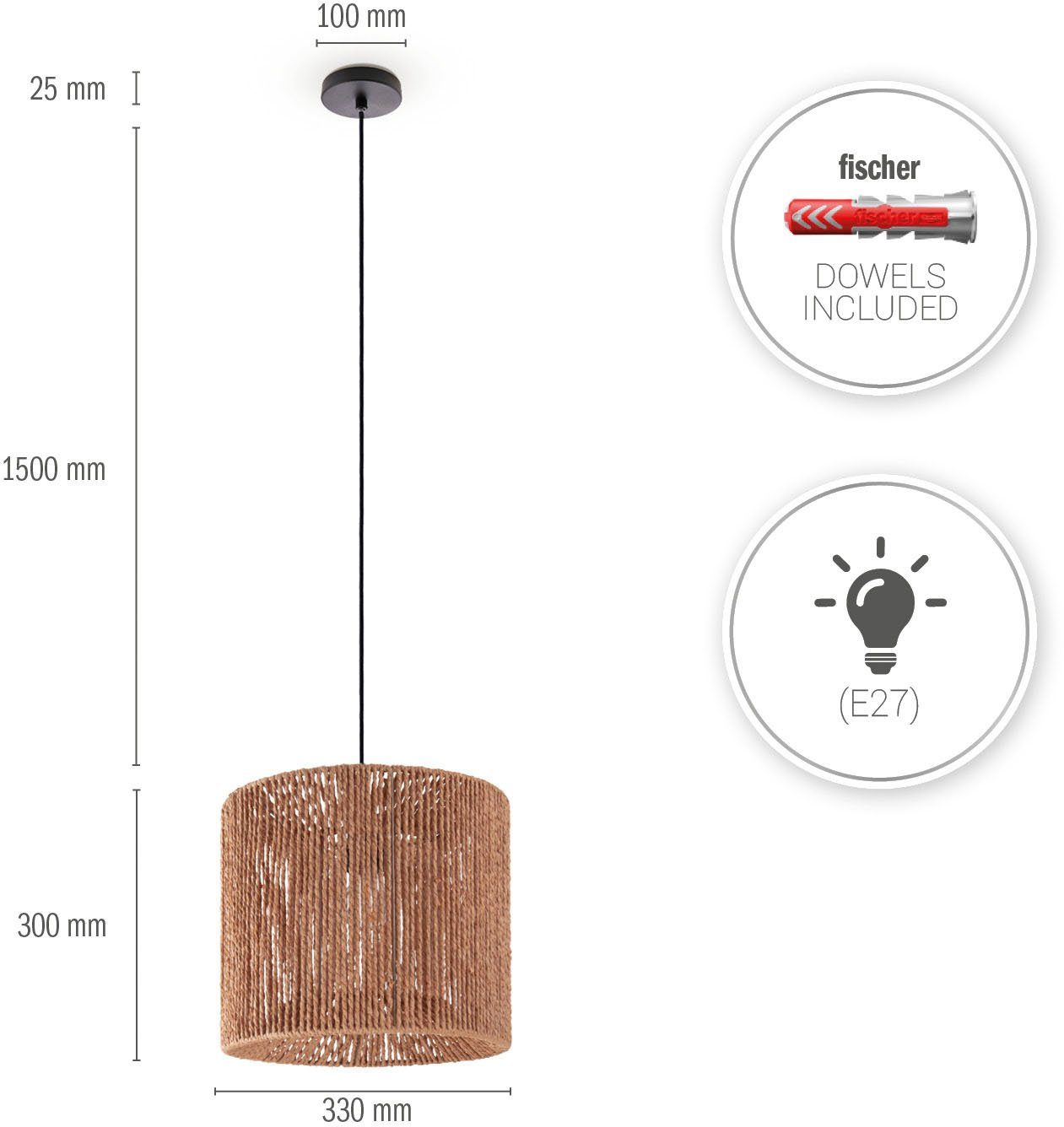 Paco Home Boho Wohnzimmer Optik ohne Modern Papier Pendelleuchte Leuchtmittel, Schirm E27 Esszimmer Hugo Rattan Ramira