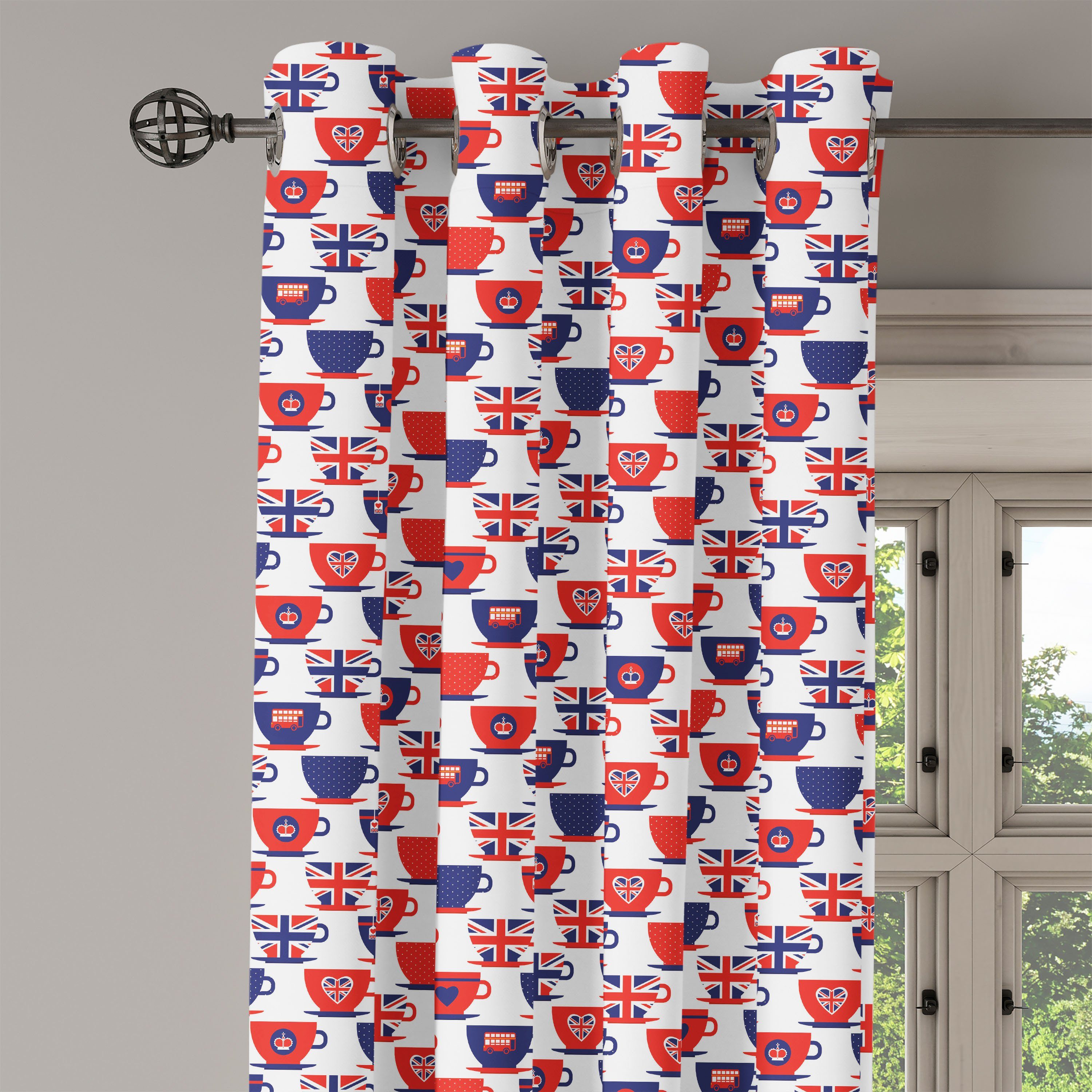 Wohnzimmer, Abakuhaus, Tassen Gardine Schlafzimmer Tee-Party-Flagge für 2-Panel-Fenstervorhänge London Dekorative