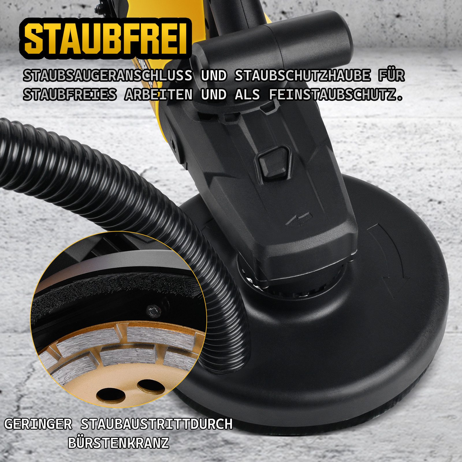 XERSEK Kantenschleifer 3800W Betonschleifer Betonfräse 2-in-1 mit 2x180mm Diamantscheibe M14 (inkl.Langgriff, Klappbare Absaughaube, 6-stufigen Drehzahlregelung), Schleifgerät Zum Schleifen & Fräsen von Beton Fliesenkleber Stein Putz