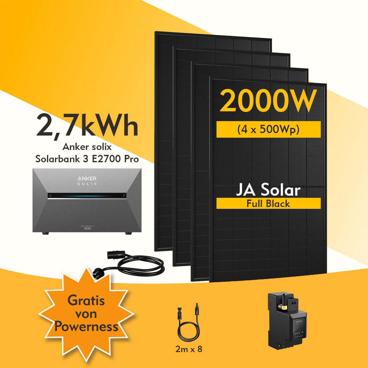 Anker Balkonkraftwerk 2000W Anker SOLIX Solarbank 3 E2700 Pro mit Smart Meter, Zusatzsakkus, (Smart Meter + 4x 500W + 2m MC4-Kabel im Lieferumfang enthalten), Speicher mit integriertem Wechselrichter, All-in-One 2,668kWh Akku