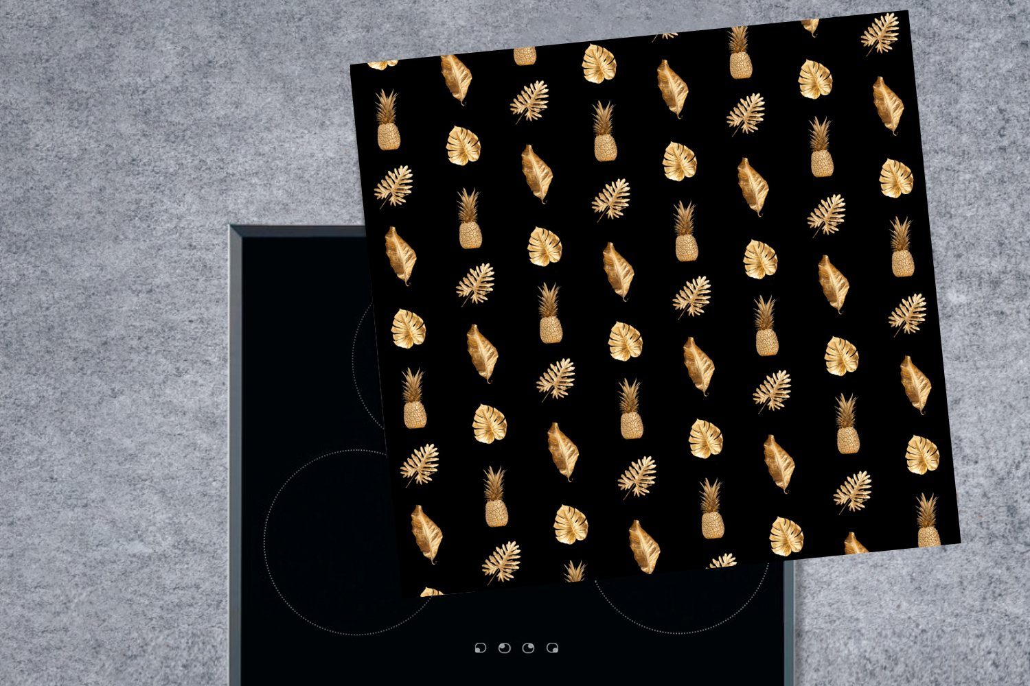 MuchoWow Herdblende-/Abdeckplatte Blätter - Gold - für Vinyl, tlg), (1 Arbeitsplatte 78x78 Muster, cm, küche Ceranfeldabdeckung