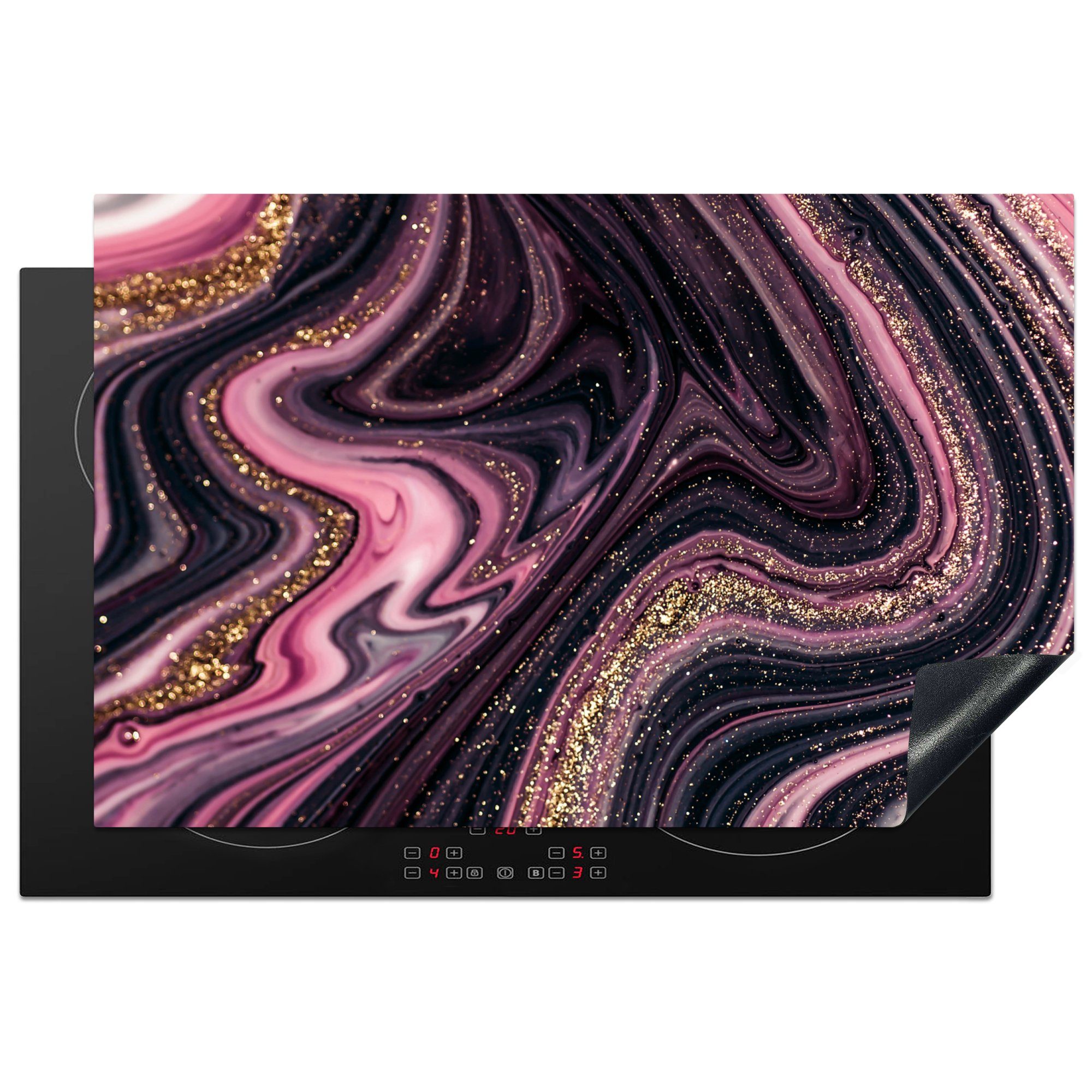 MuchoWow Herdblende-/Abdeckplatte Marmoroptik - Rosa - Lila - Gold - Luxus - Marmor, Vinyl, (1 tlg), 81x52 cm, Induktionskochfeld Schutz für die küche, Ceranfeldabdeckung