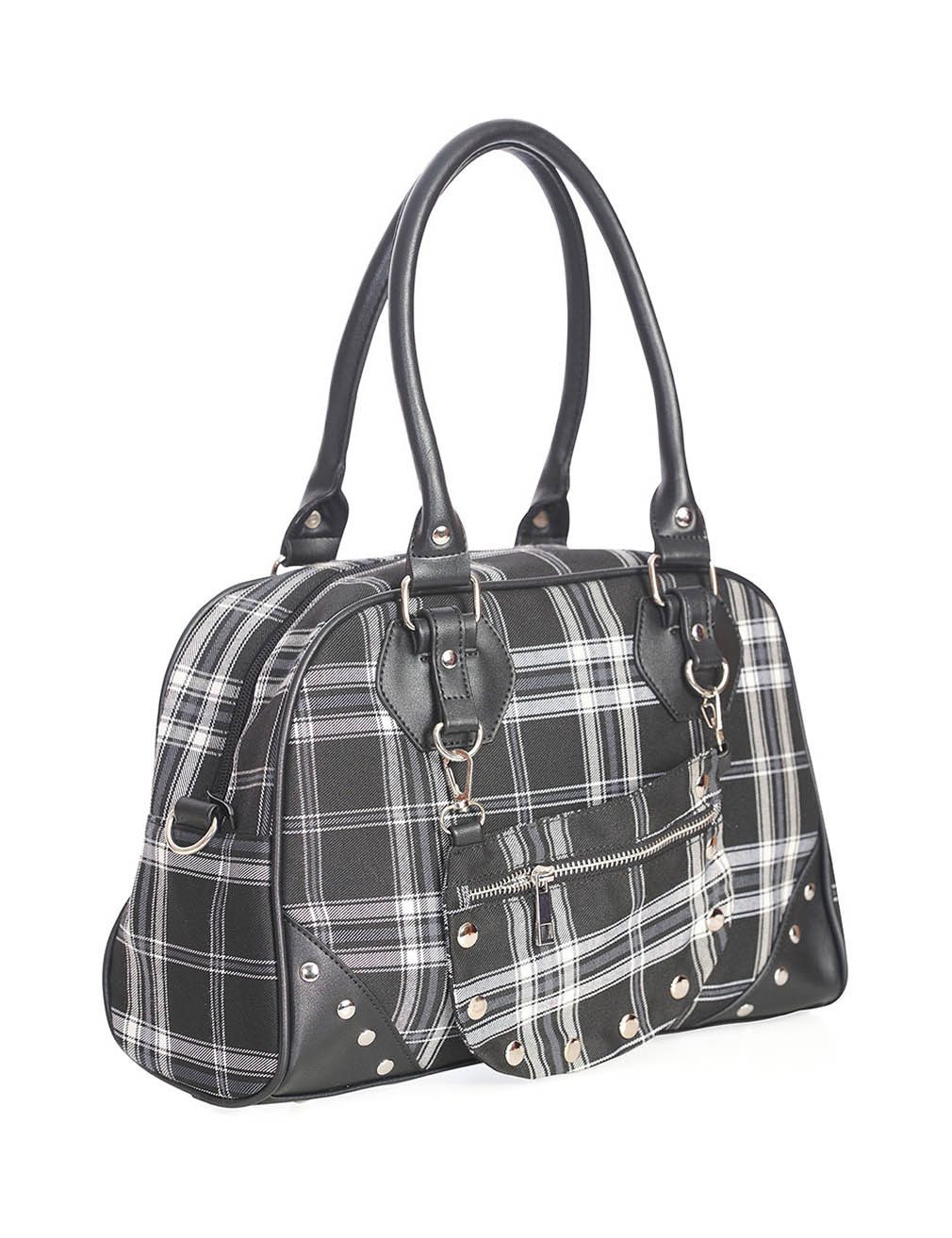 Banned Handtasche Warren Plaid Schwarz, Punk Kariert Nieten Tartan