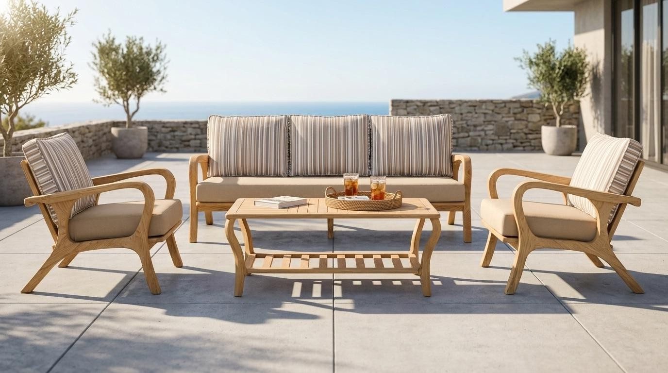 Xlmoebel Gartensofa Gartenlounge Set 3-Sitzer Sofa Sessel Beige Kissen Modern Couchtisch, 4 Teile, Nadelstreifen