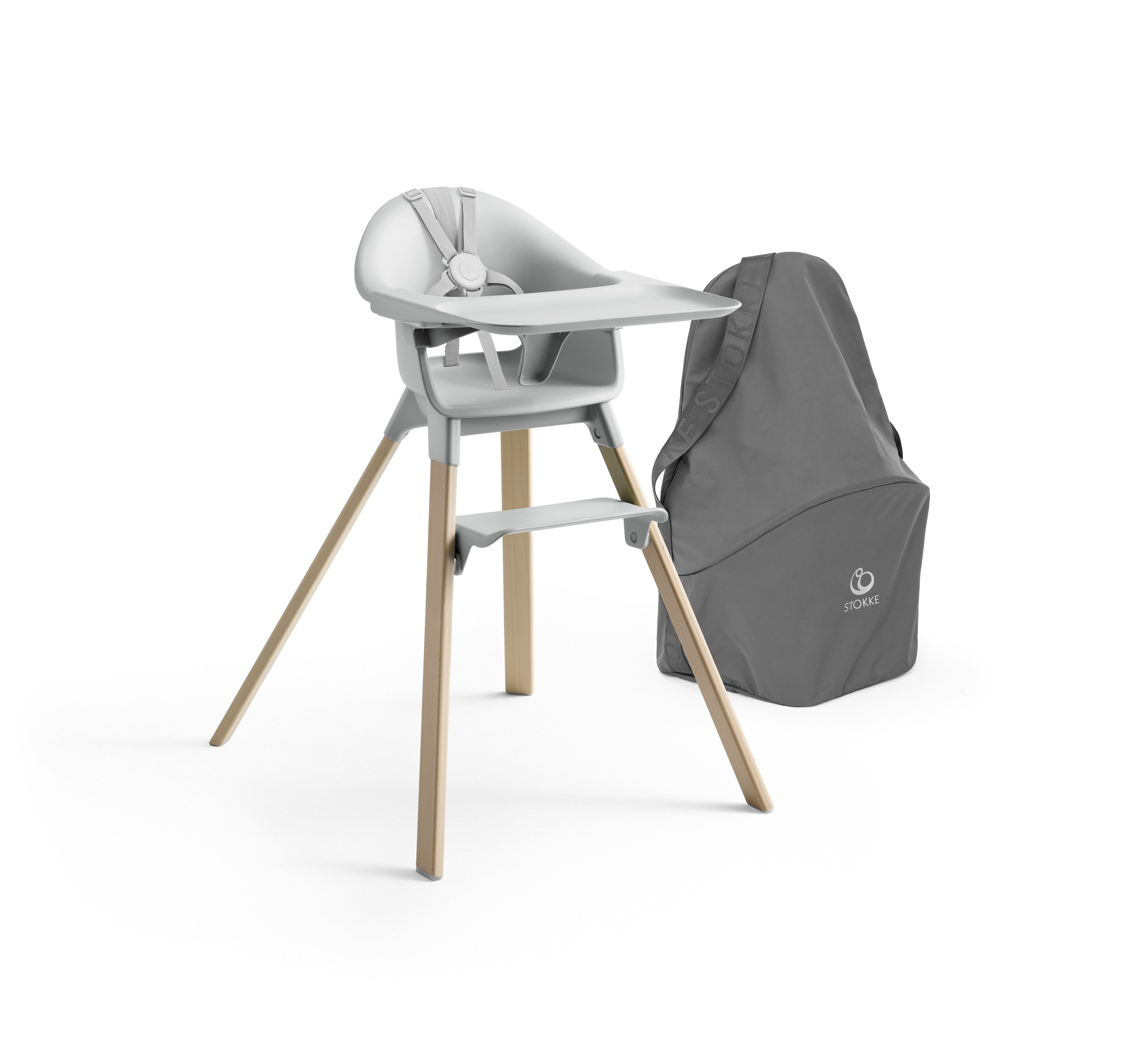 Stokke Hochstuhl Clikk™ Bundle bestehend aus Clikk Hochstuhl mit Travel Bag, Für kinderleichte Mahlzeiten ab 6 Monate Cloud Grey