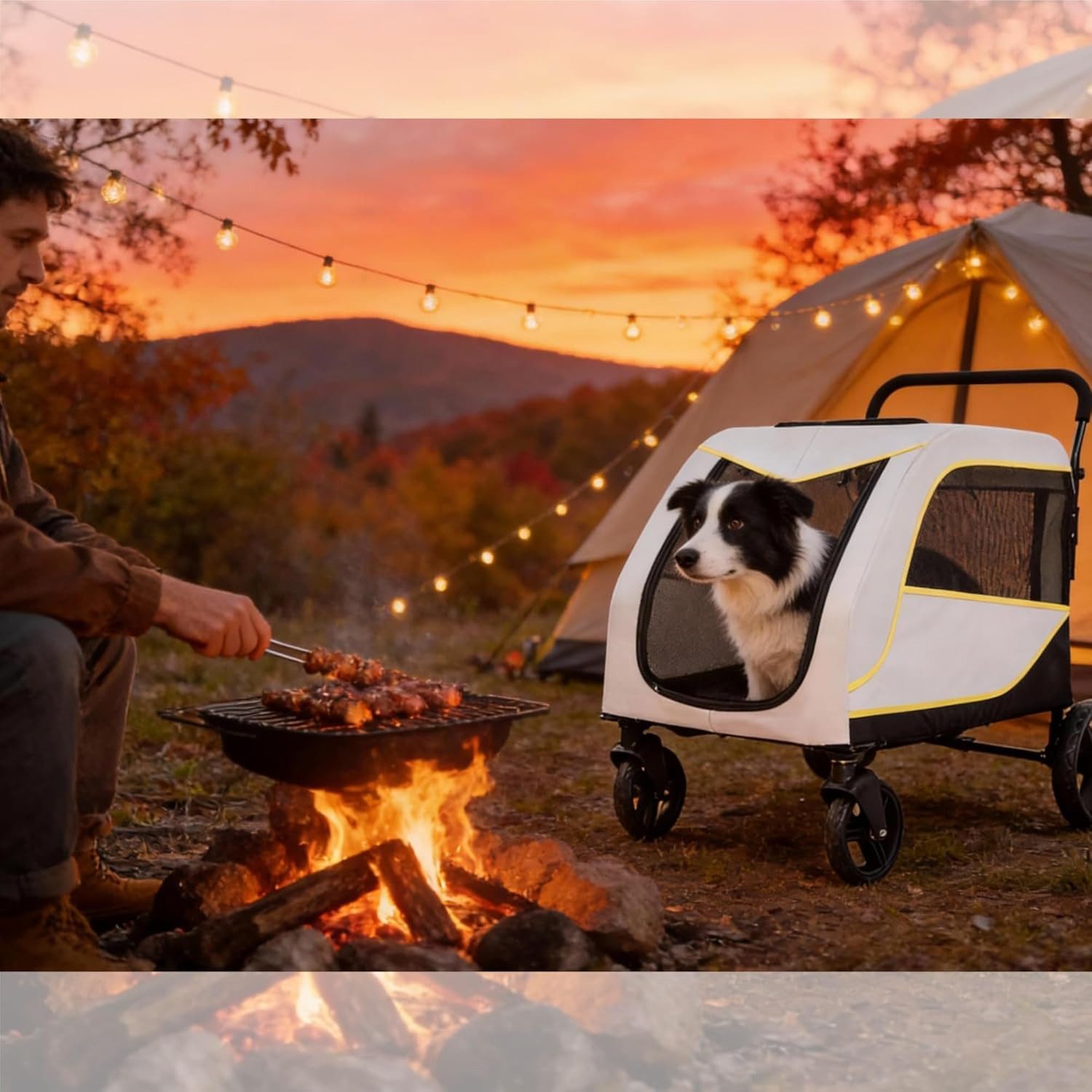 GarveeMore Haustierstrandkorb Klappbar Hundebuggy, Hundewagen für mittelgroße und große Haustiere, Faltbarer Hundewagen mit Zwei Eingängen, Fußbremse