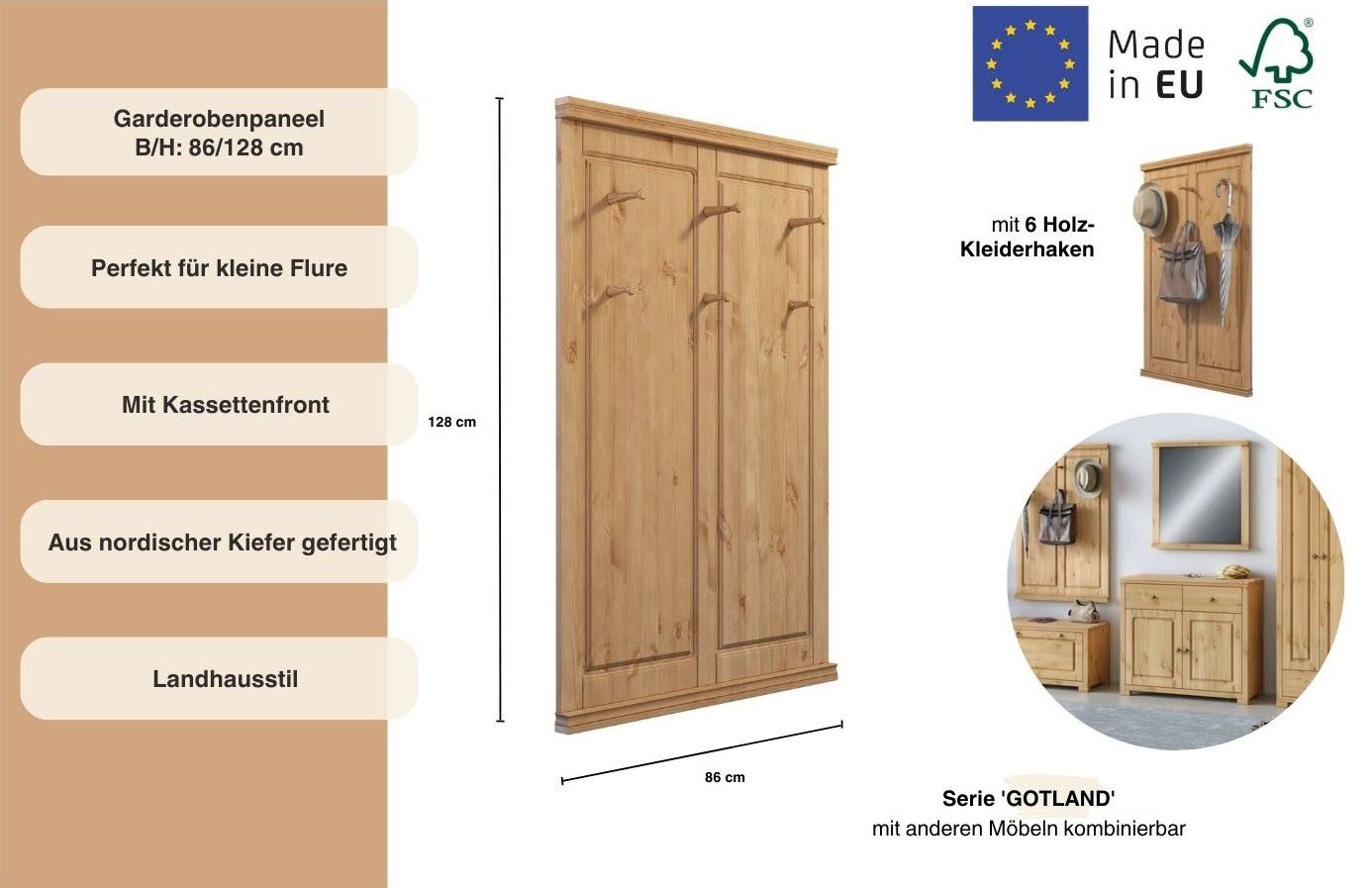 OTTO home Garderobenpaneel Gotland, aus massiver Kiefer, FSC®-zertifiziert, mit 6 Haken, 85 cm breit