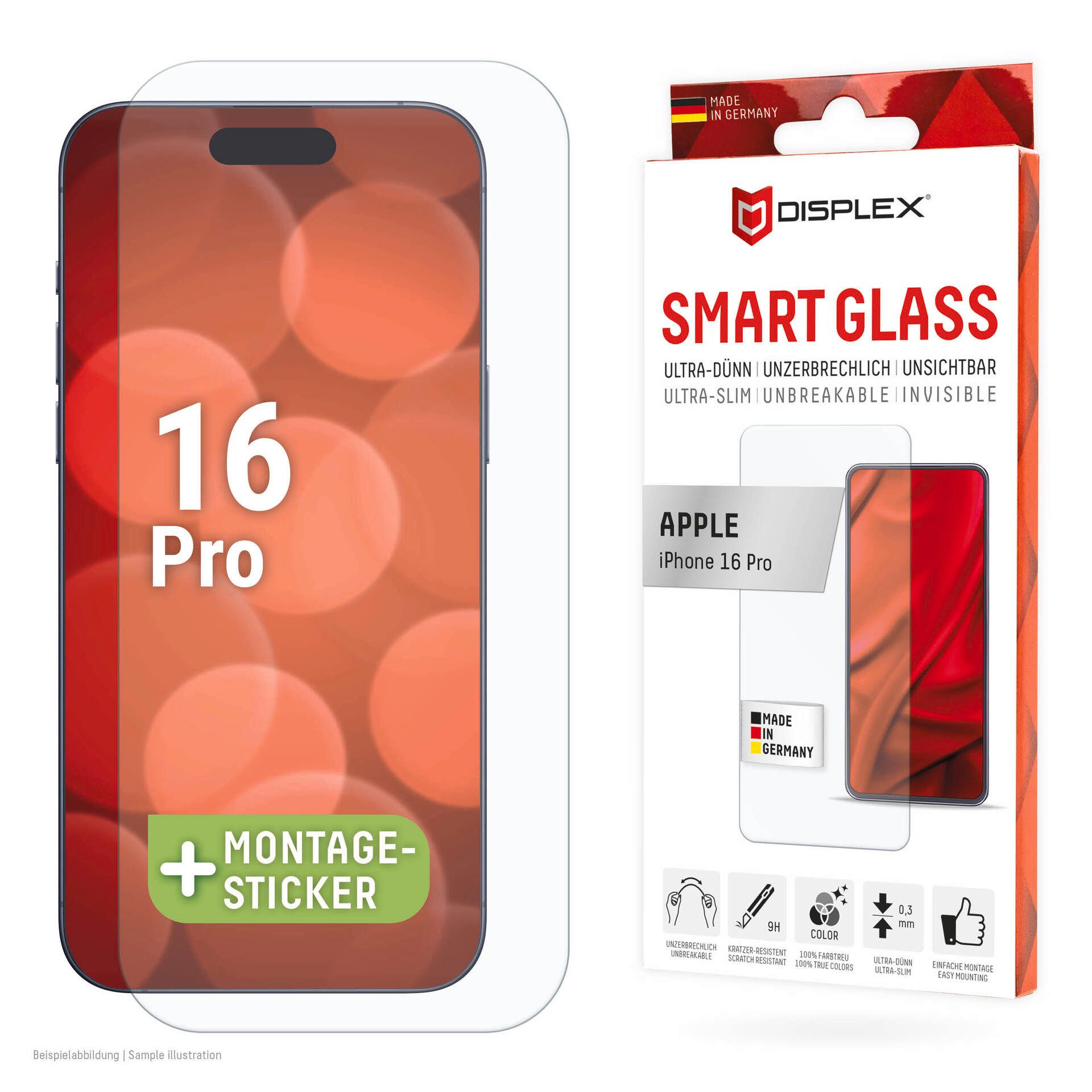 Displex Displayschutzglas Smart Glass Screen Protection für Apple iPhone 16 Pro, Displayschutzfolie, Schutzfolie, Bildschirmschutz, kratz- & stoßfest