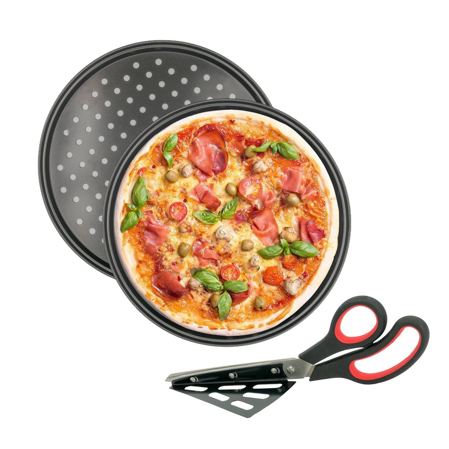 Intirilife Pizzablech, Karbonstahl, (Set, 2-St., Set), Pizza Set mit Karbonstahl Backblech & 2-in-1 Pizzaschere