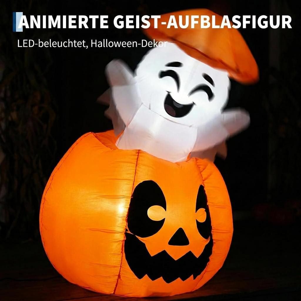 GarveeMore LED-Dekofigur 150 cm Aufblasbarer Halloween-Kürbis mit Geist, LED-Beleuchtung, 150 cm, aufblasbar, Kürbis, Geist-Animation, LED, selbstaufblasend – Bild 4 von 5