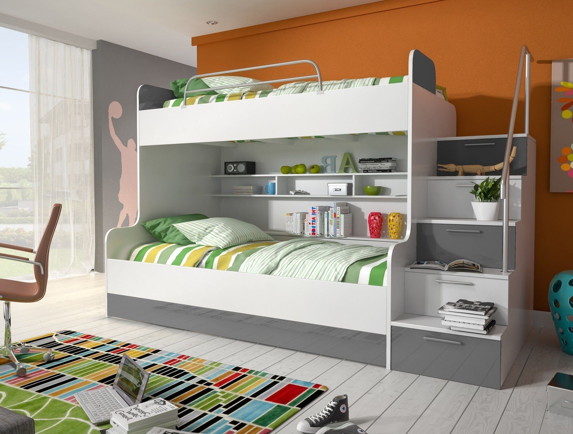 Möbel für Dich Etagenbett Alex, in Hochglanz, mit zwei Betten, Regalen und viel Stauraum weiß/grau